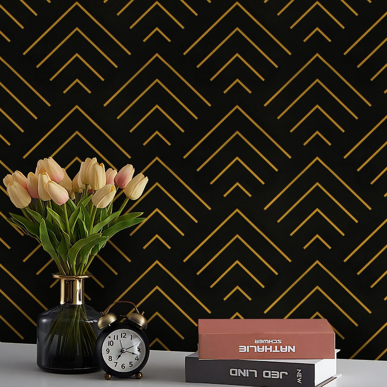 Heroad Peel And Stick Wallpaper 393"&quotX17.3"" Black And Gold Wallpaper Geometric Wallpaper Black And Gold Contact Paper Self Adhesive Removable Wallpaper For Cabinets Waterproof Thicken Vinyl