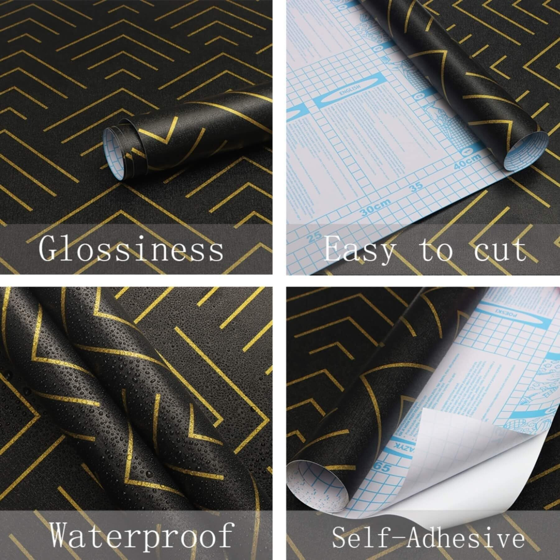 Heroad Peel And Stick Wallpaper 393"&quotX17.3"" Black And Gold Wallpaper Geometric Wallpaper Black And Gold Contact Paper Self Adhesive Removable Wallpaper For Cabinets Waterproof Thicken Vinyl