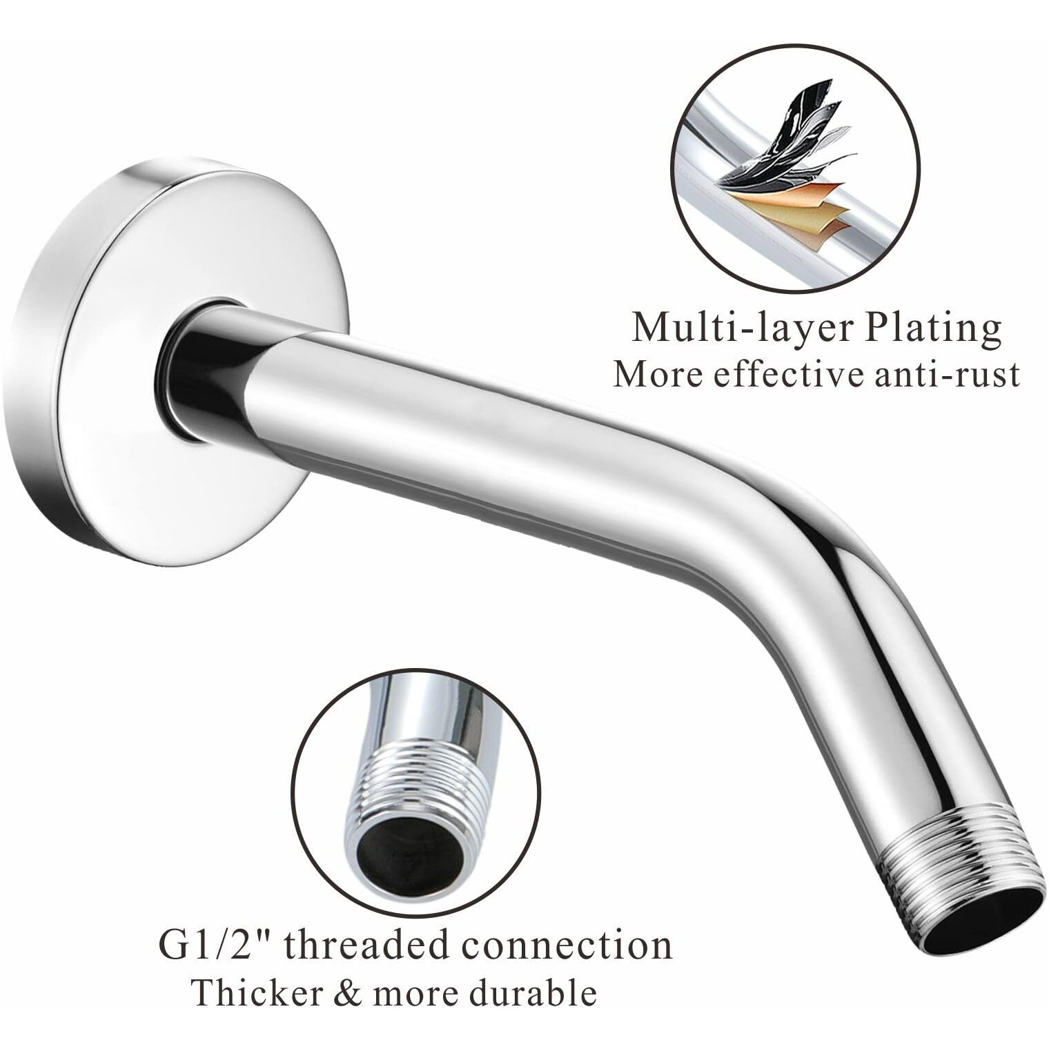Voolan Shower Arm With Flange And Teflon Tape  Extension Shower Head Arm For Bathroom Fixed Shower Head  Solid Stainless Steel  Wall Mounted (8 Inch  Chrome)