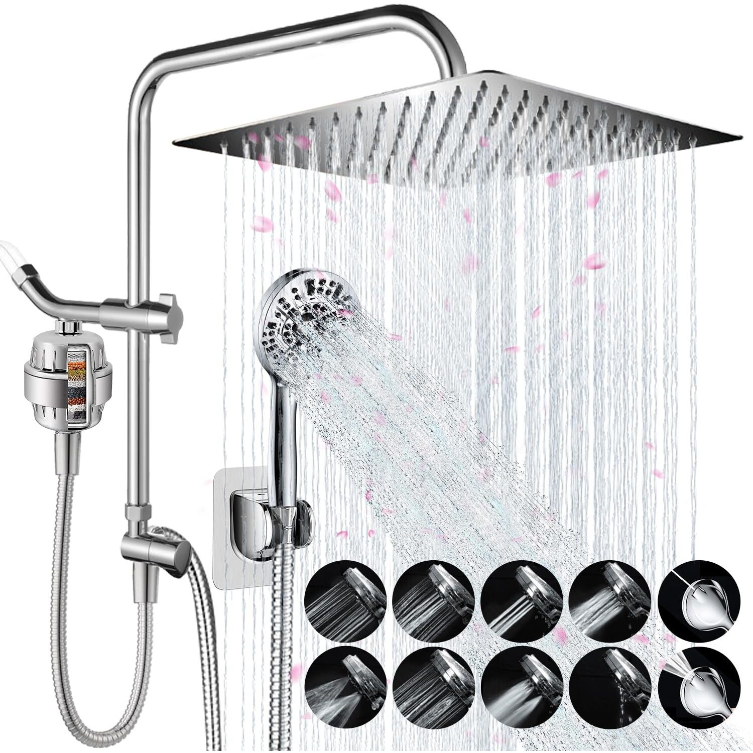 Amorix Shower Head 12"" Rain Shower Heads With Handheld Spray Adjustable Extension Arm With Low Diverter  Filtered Rainfall Shower Head High Pressure 10 Setting Hand Held Built-In Power Wash + 79"" Hose