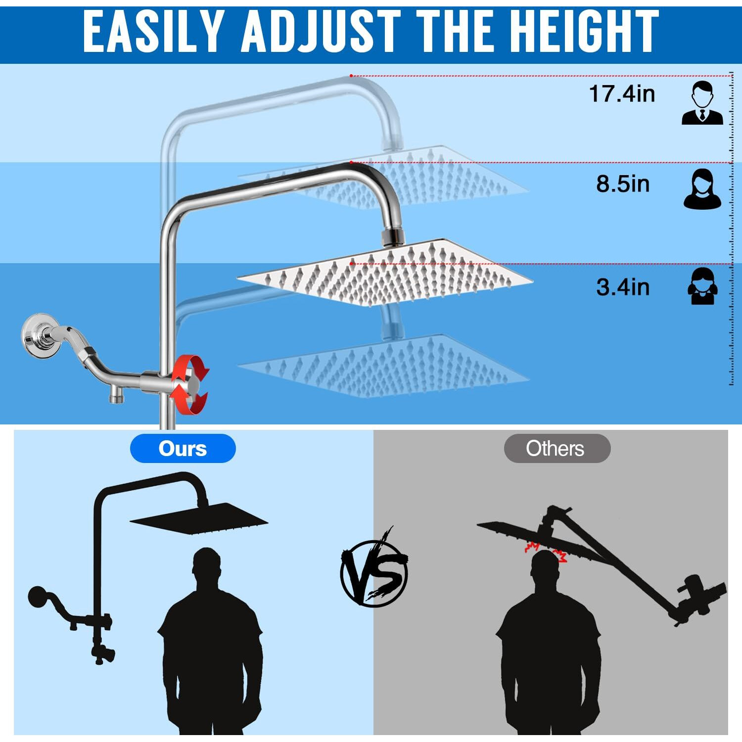 Amorix Shower Head 12"" Rain Shower Heads With Handheld Spray Adjustable Extension Arm With Low Diverter  Filtered Rainfall Shower Head High Pressure 10 Setting Hand Held Built-In Power Wash + 79"" Hose