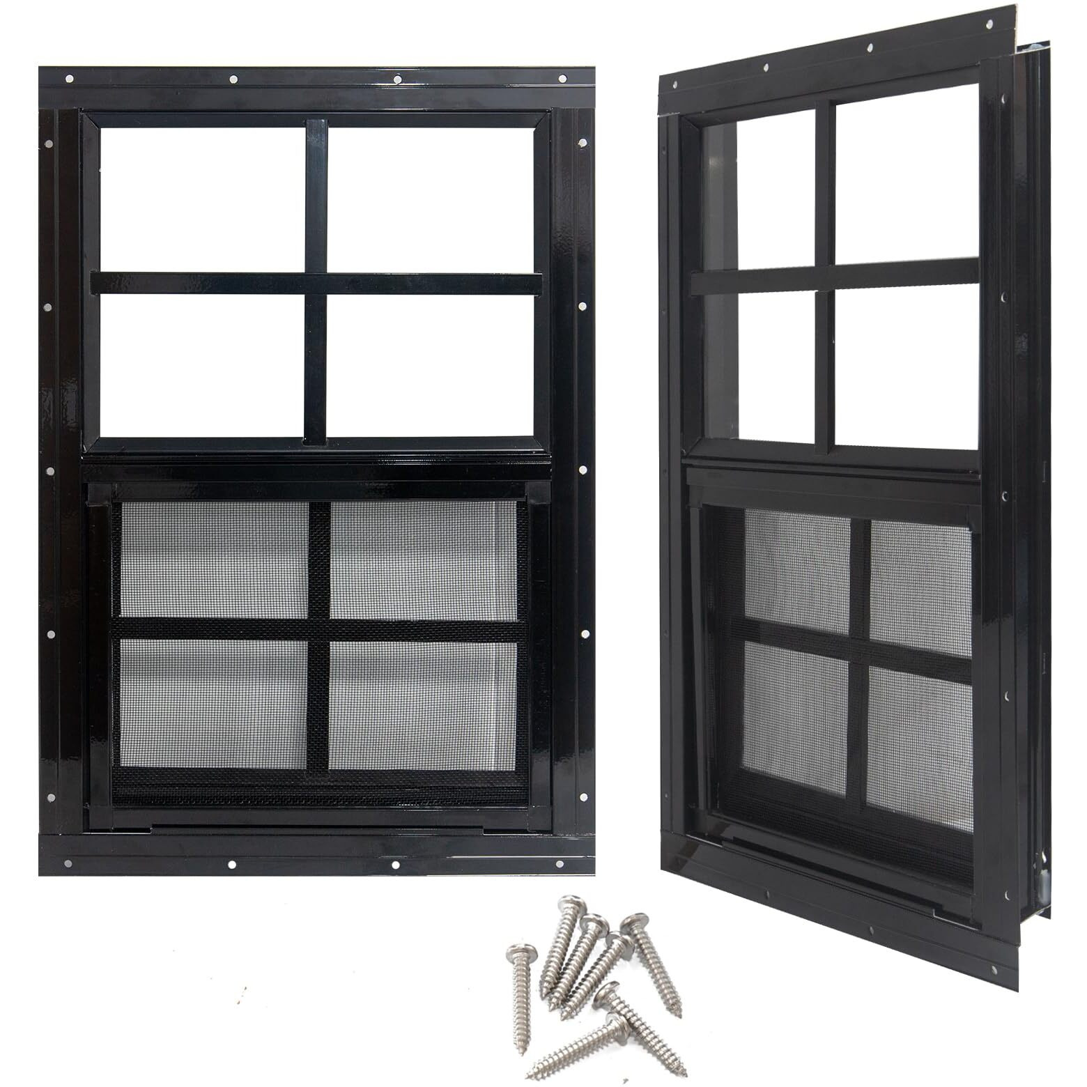Yuzzy 18"" X 23"" Shed Windows With Tempered Glass And Fiberglass Screen  2 Pack Small Sliding Windows For Shed  Chicken Coop  Playhouse  Household  Garage  Barns (Black)