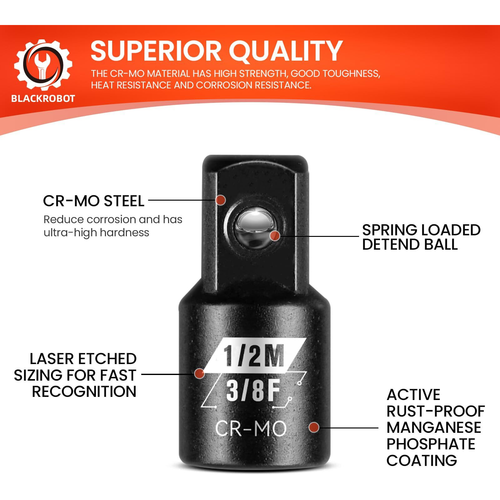 Blackrobot 2 Piece 3/8 F To 1/2 M Impact Socket Adapter Set Sae Drive Cr-Mo Steel Exceeds Ansi Standards Square Drive Reducer For Impact Driver Wrench