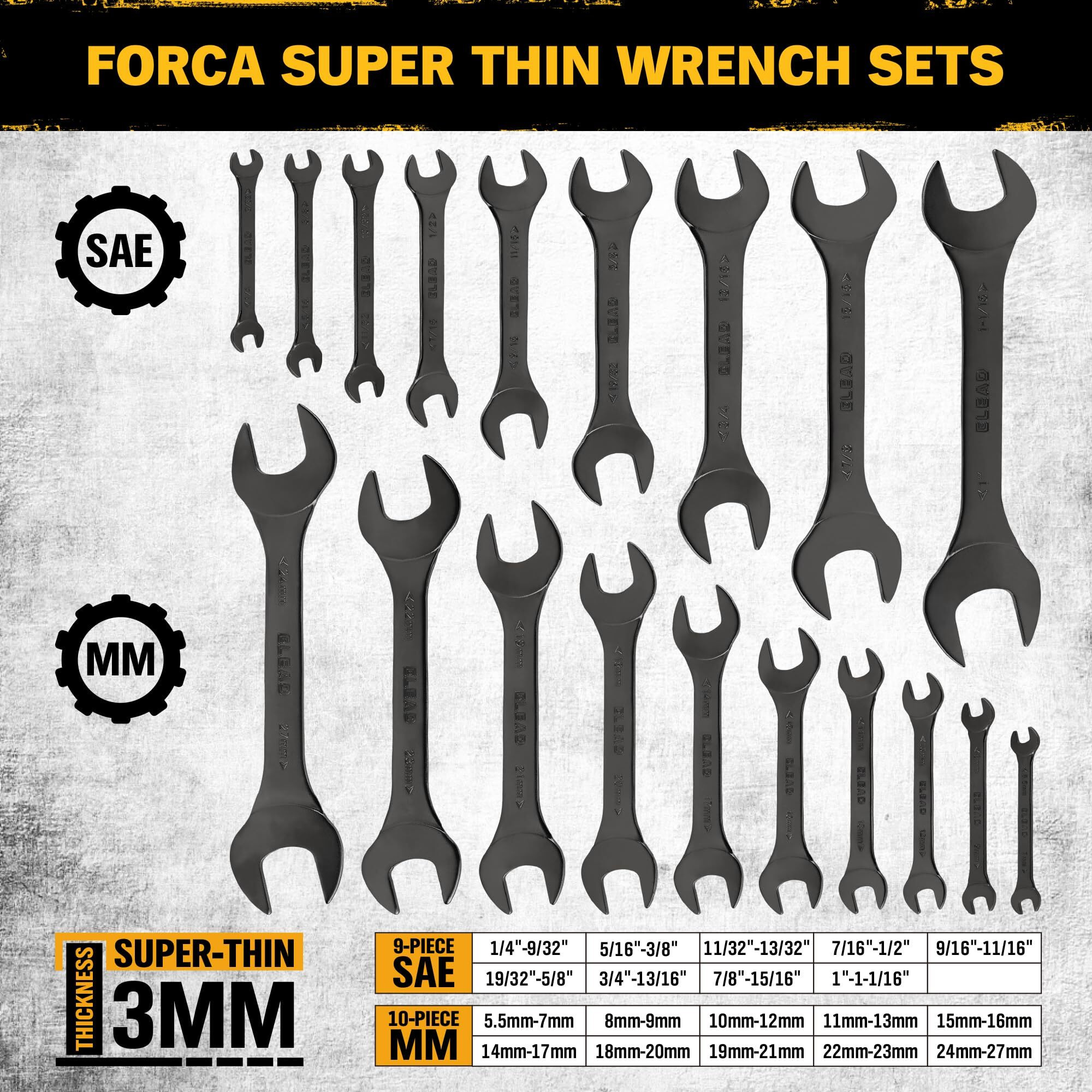 Elead Super-Thin Open End Wrench Set | 19-Piece Sae & Metric Sizes | Cr-V Nickel Plated | Ultra-Slim Design | Corrosion-Resistant | Durable Roll-Up Pouch For Mechanics