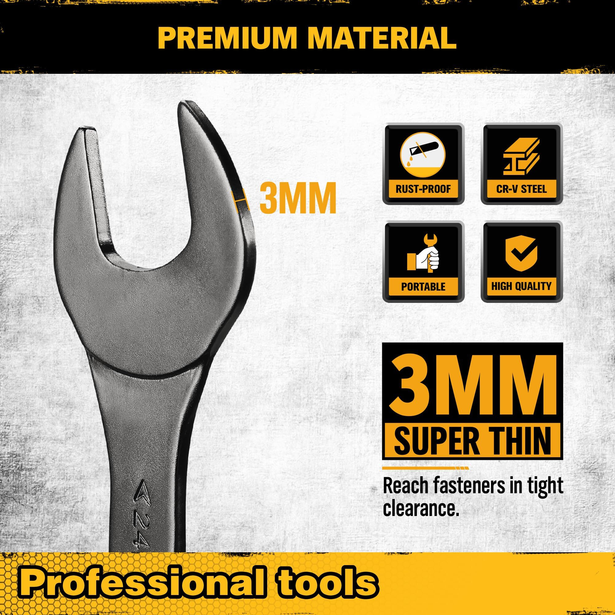 Elead Super-Thin Open End Wrench Set | 19-Piece Sae & Metric Sizes | Cr-V Nickel Plated | Ultra-Slim Design | Corrosion-Resistant | Durable Roll-Up Pouch For Mechanics