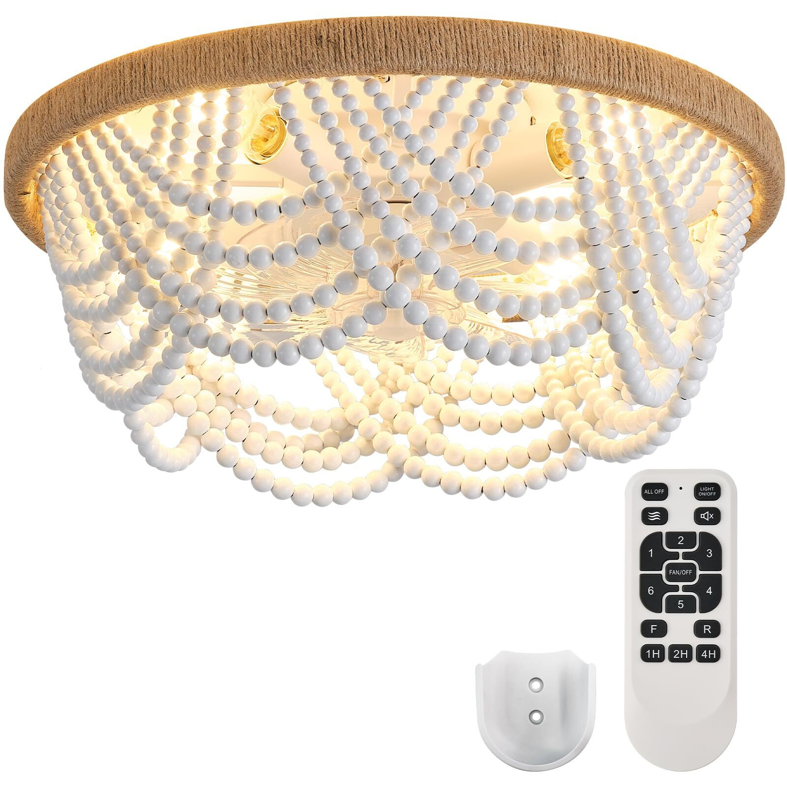 Liokoc Ceiling Fans With Lights And Remote - Bulbs Included  Caged Fandelier With Handcrafted Beaded DCor 19 Inches Reversible Flush Mount Installation Ceiling Fan  White