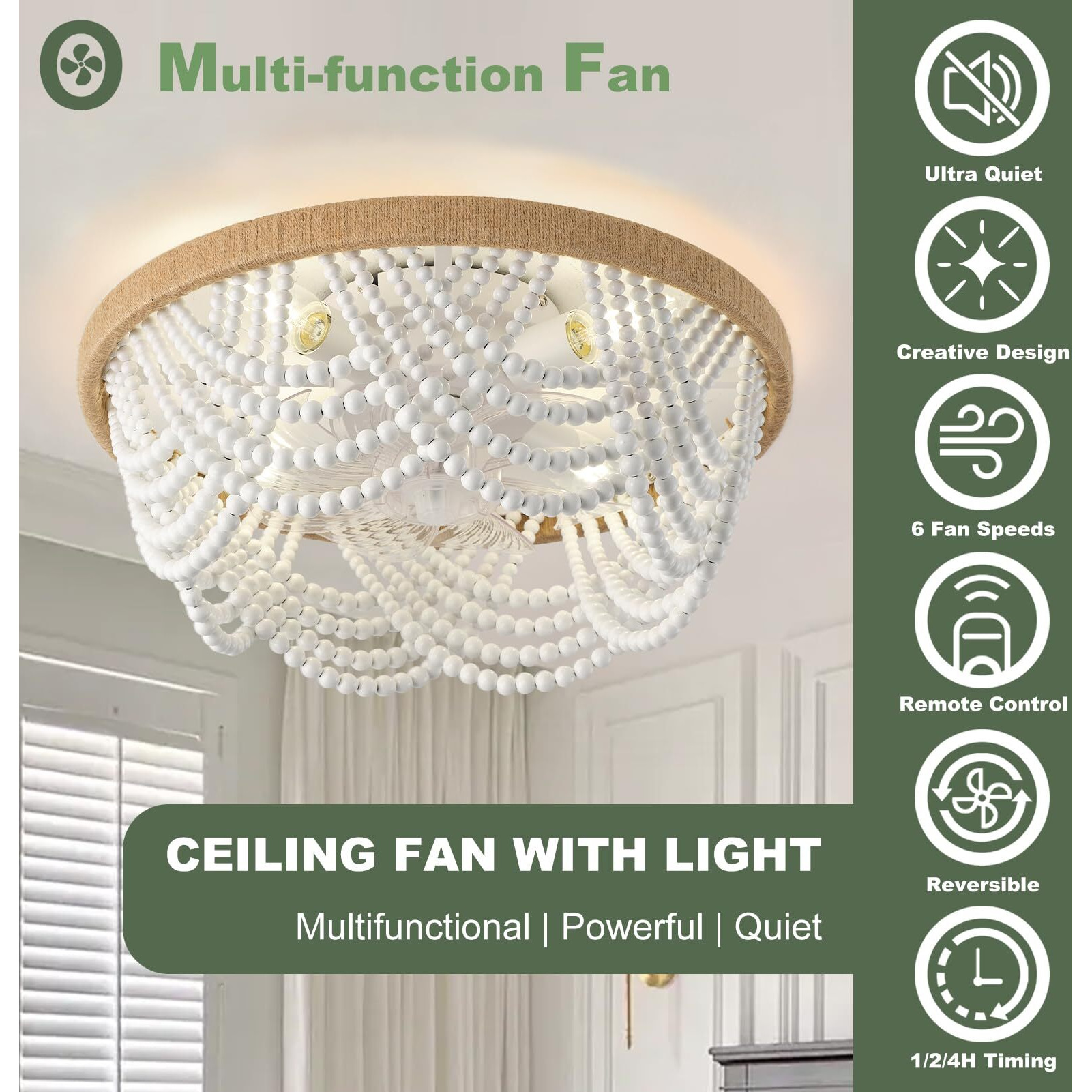Liokoc Ceiling Fans With Lights And Remote - Bulbs Included  Caged Fandelier With Handcrafted Beaded DCor 19 Inches Reversible Flush Mount Installation Ceiling Fan  White