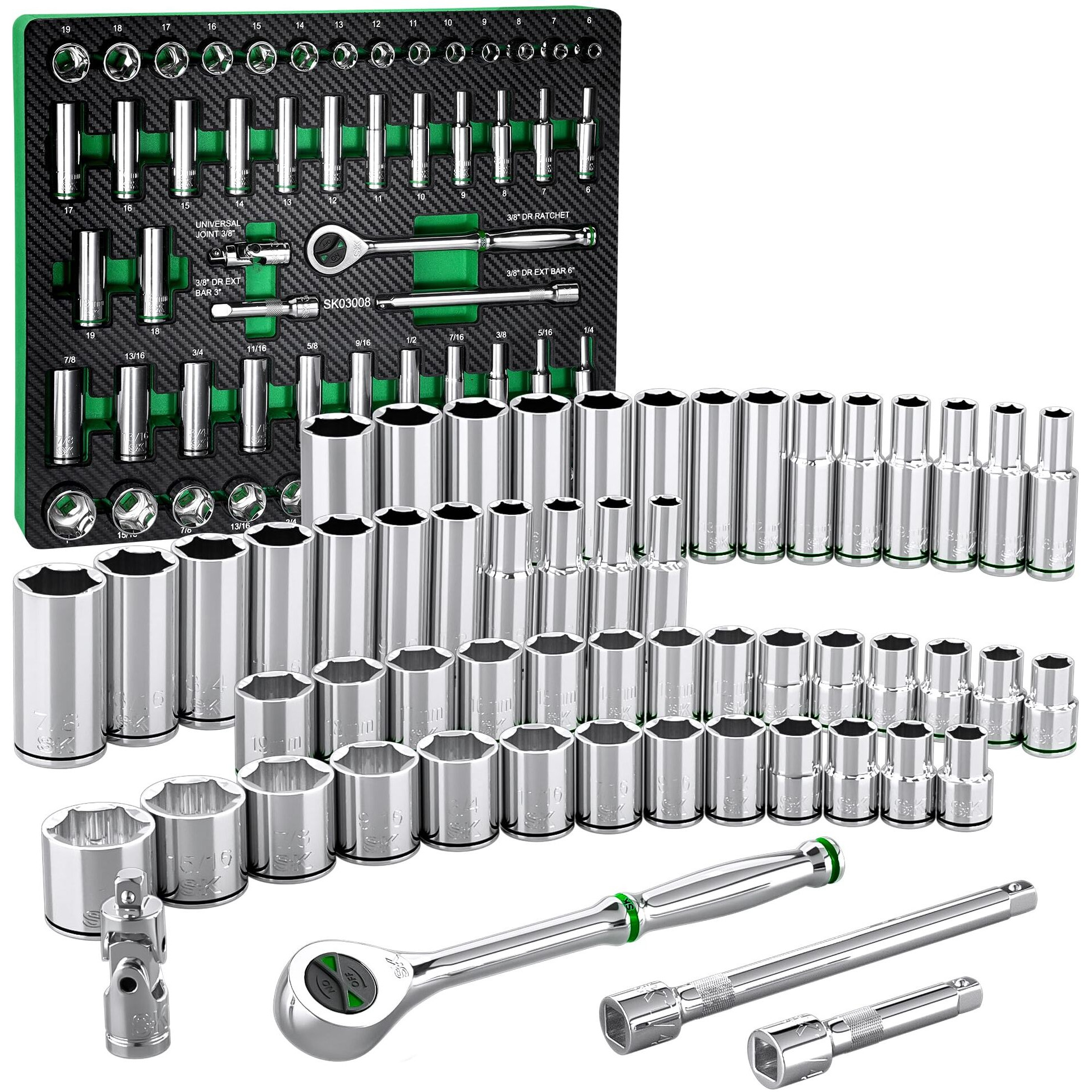 Sk 3/8"" Drive Socket Set With 160-P Ratchet  56-Piece  Sae & Metric  Superkrome Finish  Premium Cr-V Construction  With Eva Foam Tool Organizer