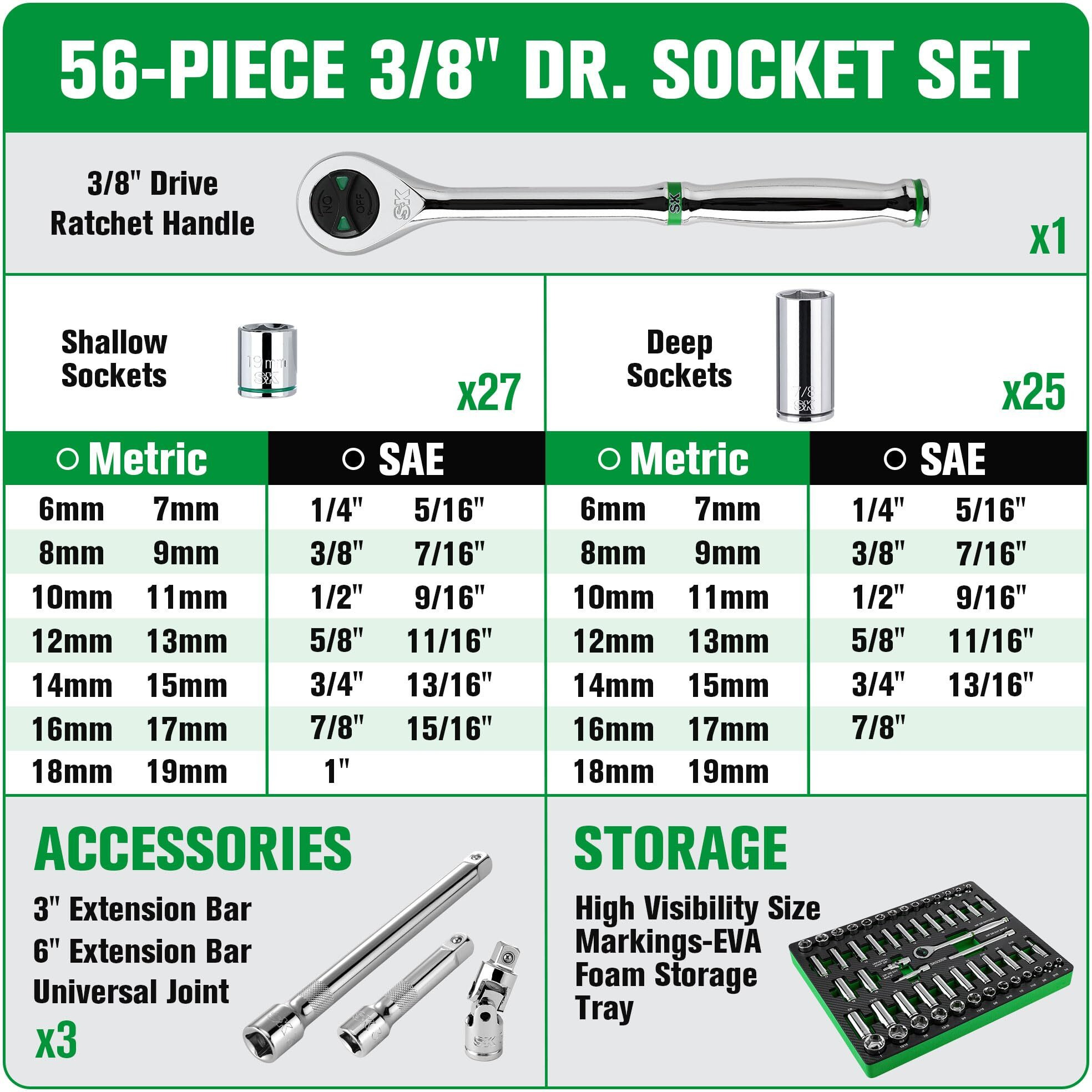 Sk 3/8"" Drive Socket Set With 160-P Ratchet  56-Piece  Sae & Metric  Superkrome Finish  Premium Cr-V Construction  With Eva Foam Tool Organizer