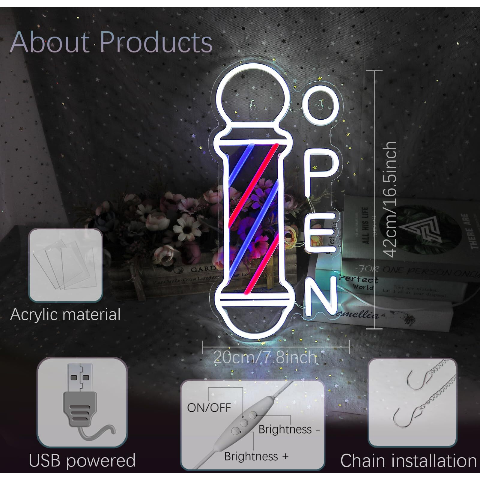 Barber Shop Open Neon Sign Hair Salon Supplies Neon Lights Wall Decor For Barber Shop  Barber Pole Logo Barber Shop Barber Supplies  Barber Accessories  Dimmable Usb Power Blue Red White(16.5"&quotX7.8"")