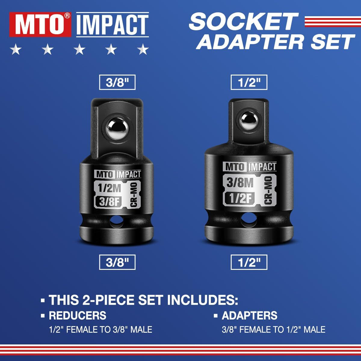 Mto 2-Piece Impact Socket Adapter And Reducer Set  1/2"" Female To 3/8"" Male Reducer  3/8  Female To 1/2  Male Adapter  Chrome Molybdenum Alloy Steel