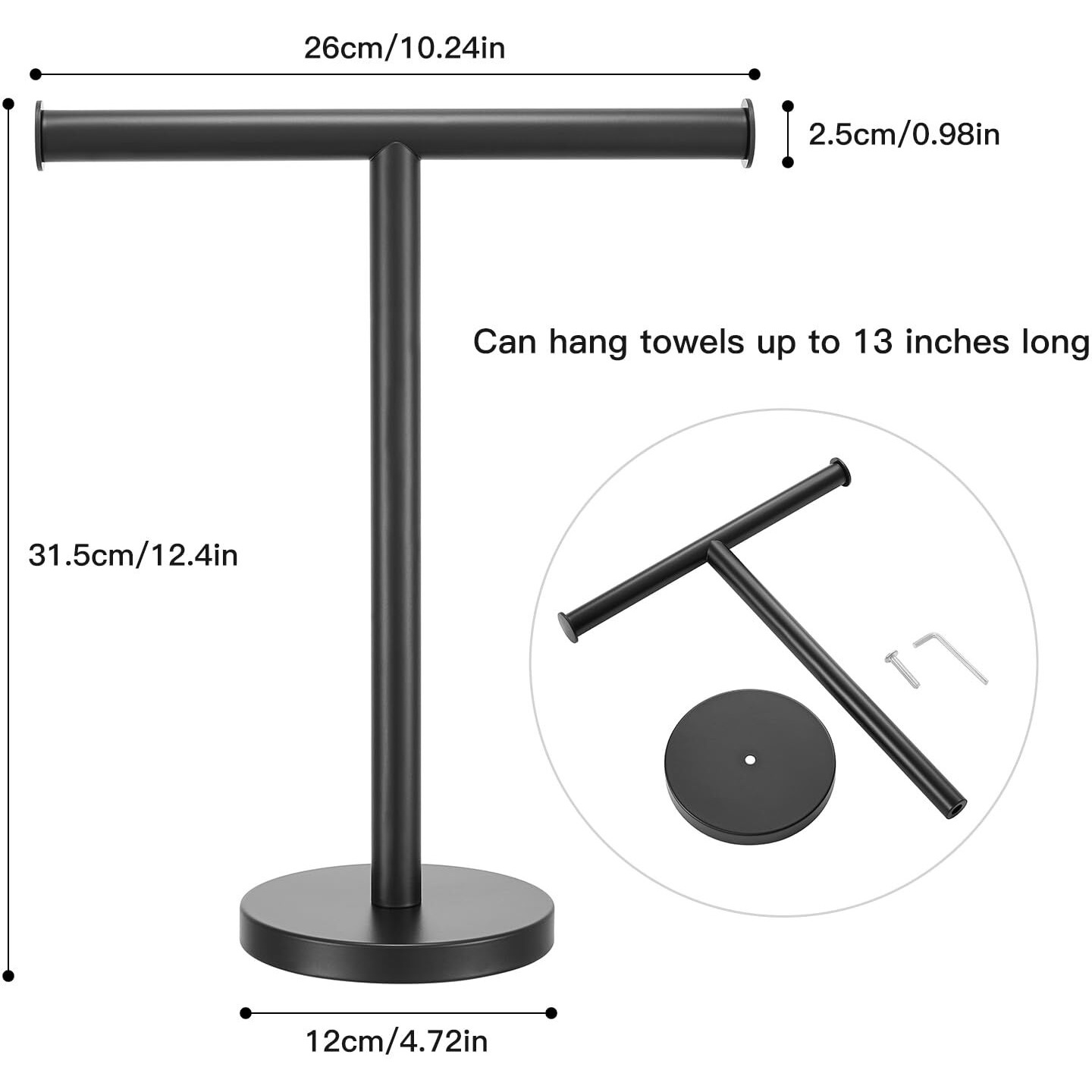 Zitalupy T-Shape Bath Hand Towel Holder Standing  Sus304 Stainless Steel Matte Black T-Shape Towel Bar Rack Stand With Heavy Base  Tower Bar For Bathroom Kitchen & Countertop
