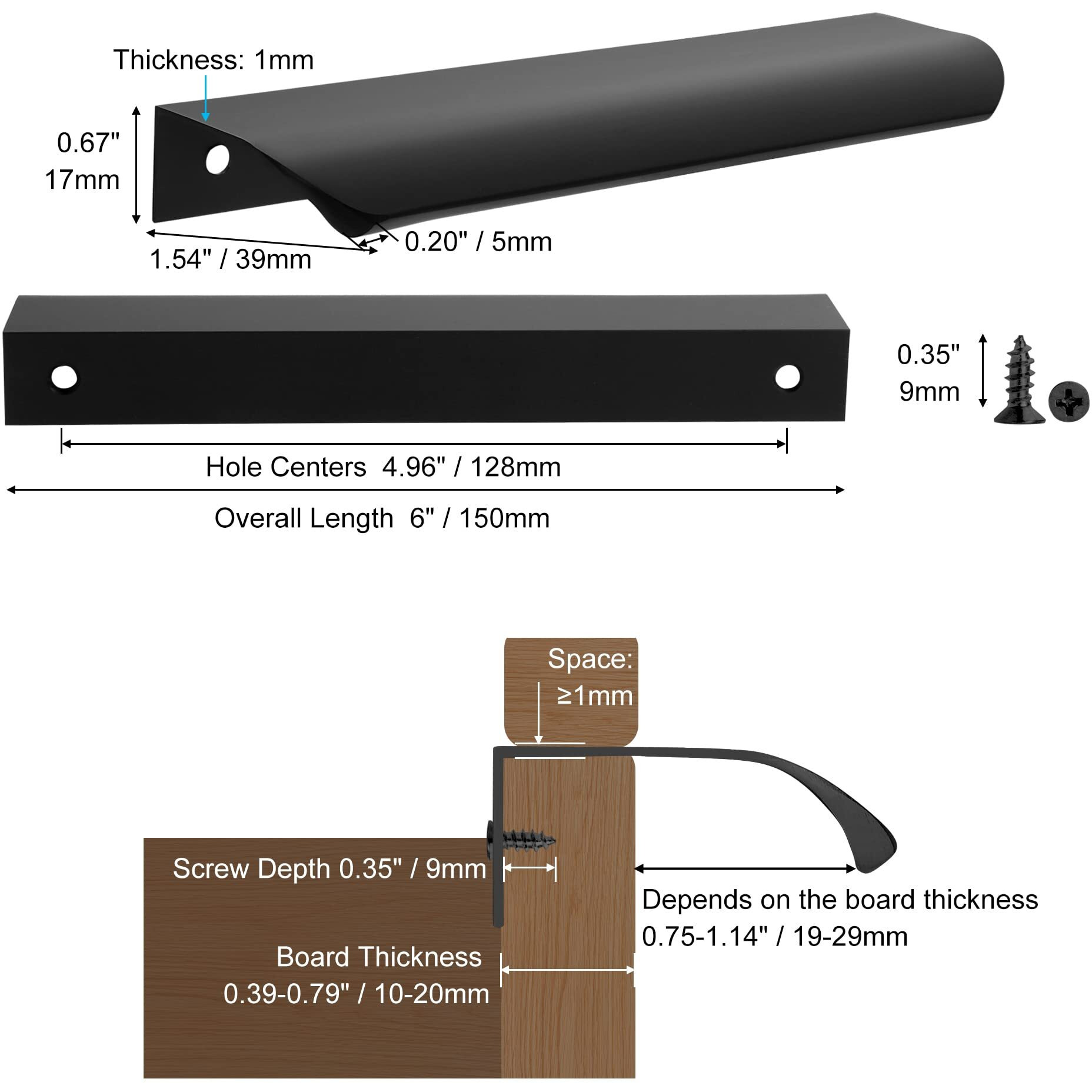 Malimali 5 Pack Black Finger Edge Pulls For Cabinets 6"" Drawer Pulls Kitchen Cabinet Handles Modern Aluminum Concealed Tab Pulls For Closet Door  Matte Black