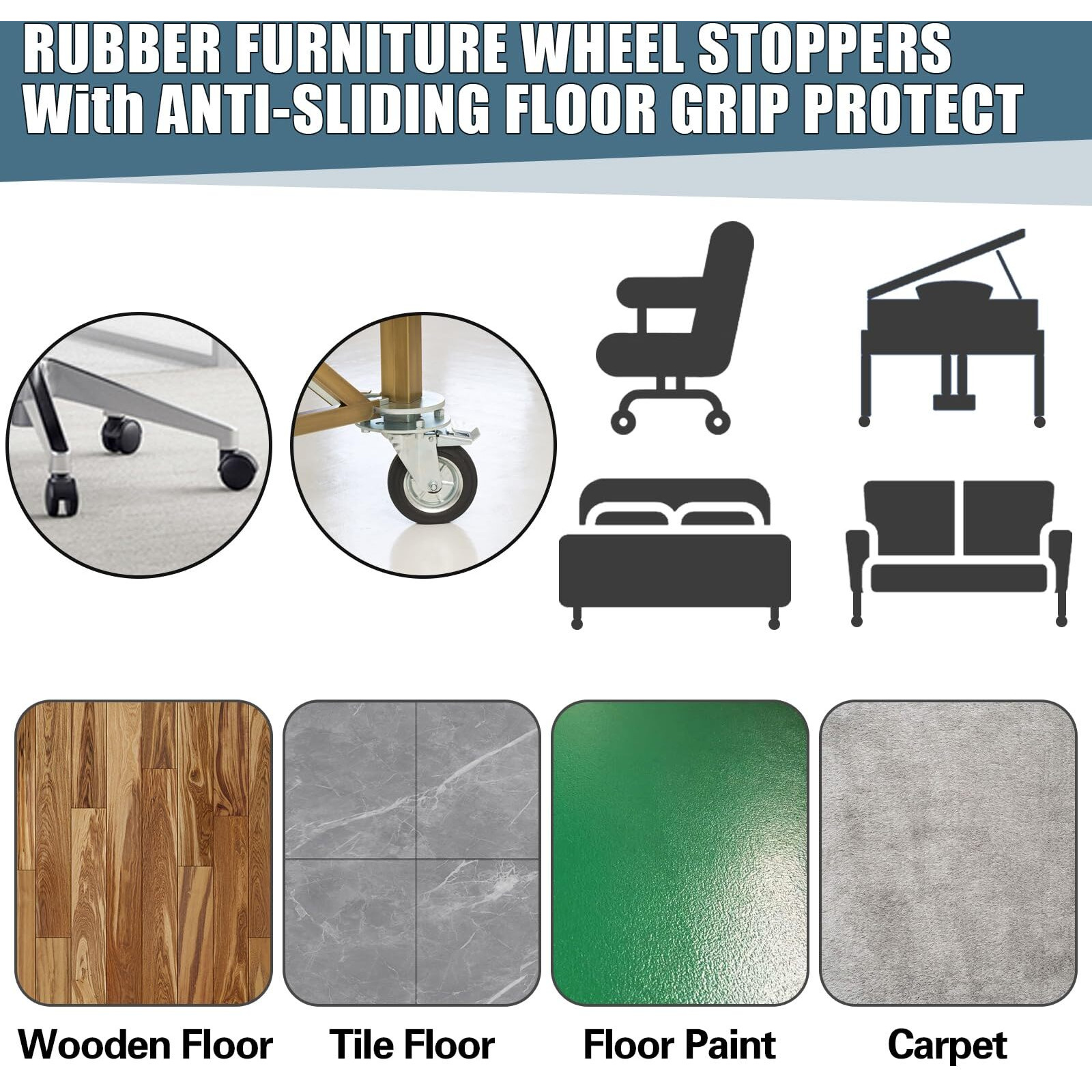 Zhulerzil Bed Stoppers To Prevent Sliding - 4 Pack Furniture Wheel Stopper For Hardwood Floor - Rubber Bed Frame Stopper Caster Cups Fit All Wheels Of Furniture  Sofa  Bed  Chairs