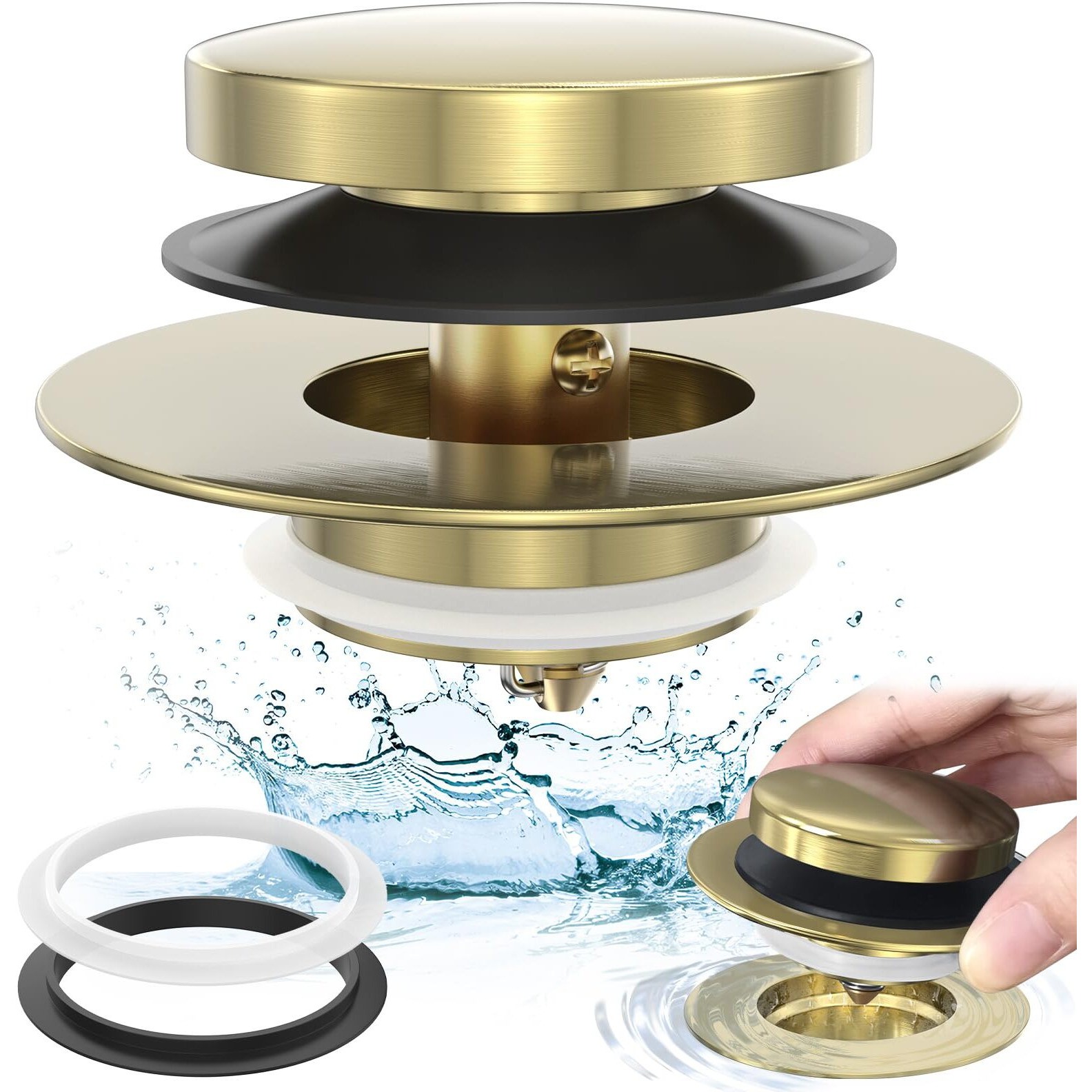 Brushed Gold Upgraded Tip Toe Tub Stopper  Universal Pop Up Bathtub Drains Plug  Bathroom Bath Tub Drain Stoppers  Replaces Lift And Turn  Tip-Toe And Trip Lever Drains For Tub  Easy Install