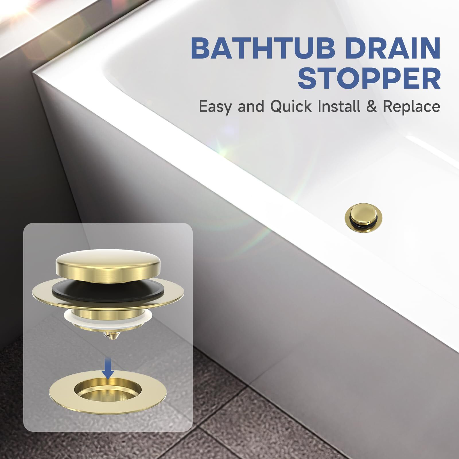 Brushed Gold Upgraded Tip Toe Tub Stopper  Universal Pop Up Bathtub Drains Plug  Bathroom Bath Tub Drain Stoppers  Replaces Lift And Turn  Tip-Toe And Trip Lever Drains For Tub  Easy Install