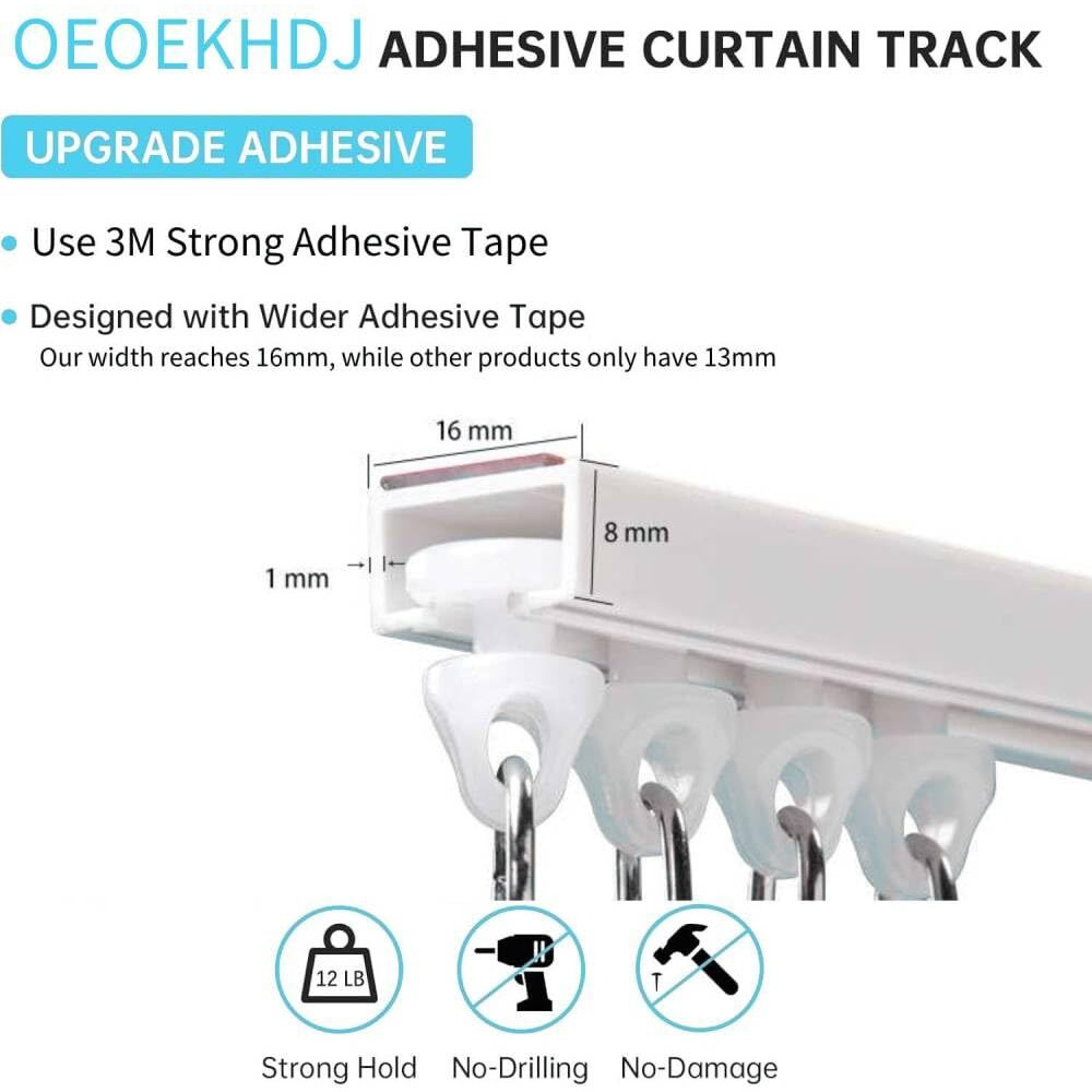 Oeoekhdj Self Adhesive Ceiling Or Wall Curtain Track No Drill Curtain Rod  No Damage Curtain Track Hangers  Adhesive Curtain Rod For Windows Cabinet Closet Bathroom Shower Curtain (16Ft)