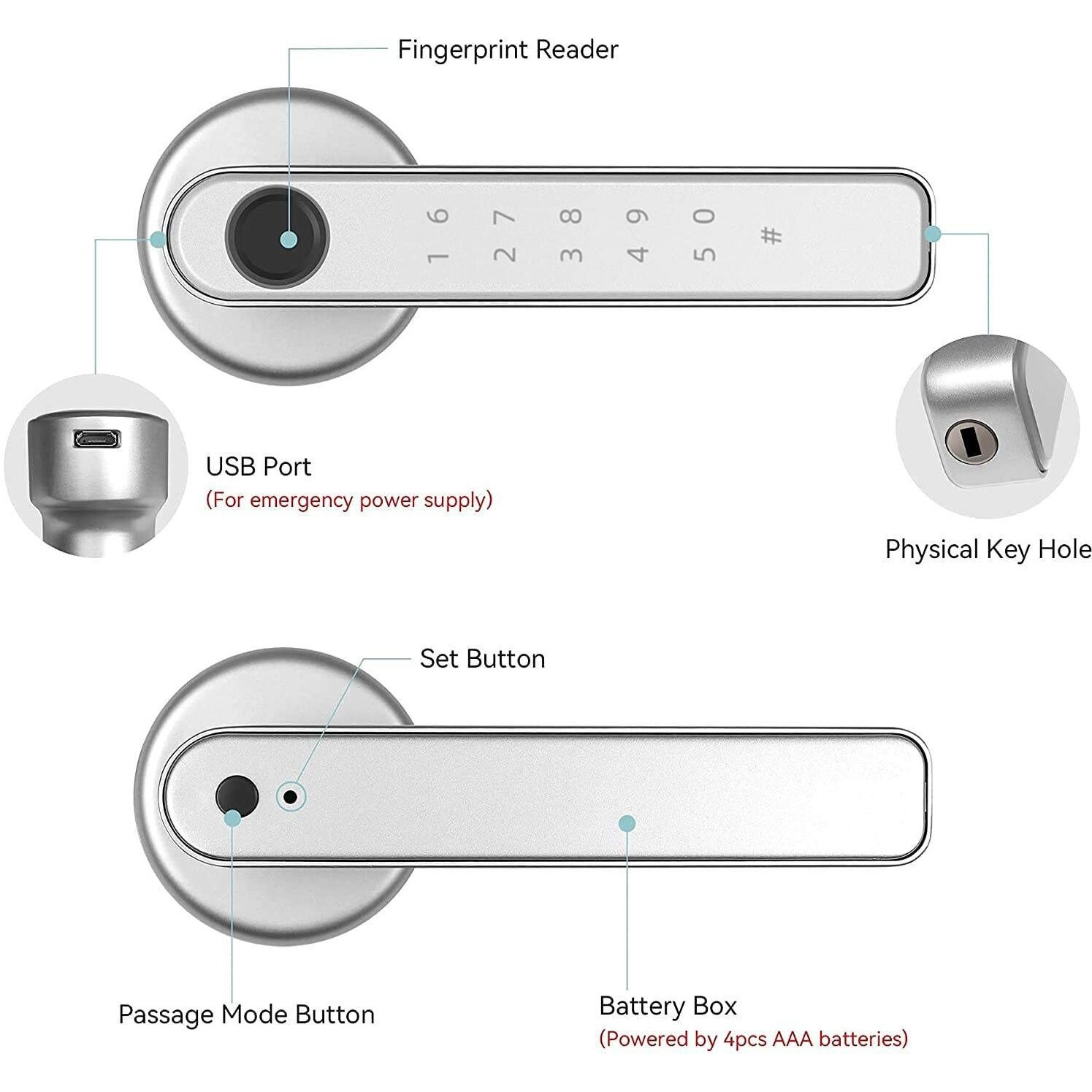 Fingerprint Door Lock Touchscreen Smart Biometric Door Lock Keyless Entry Front Door Knob With 50 Fingerprints  100 Codes Keypad Suitable For Home Hotel Office Indoor Door Silver