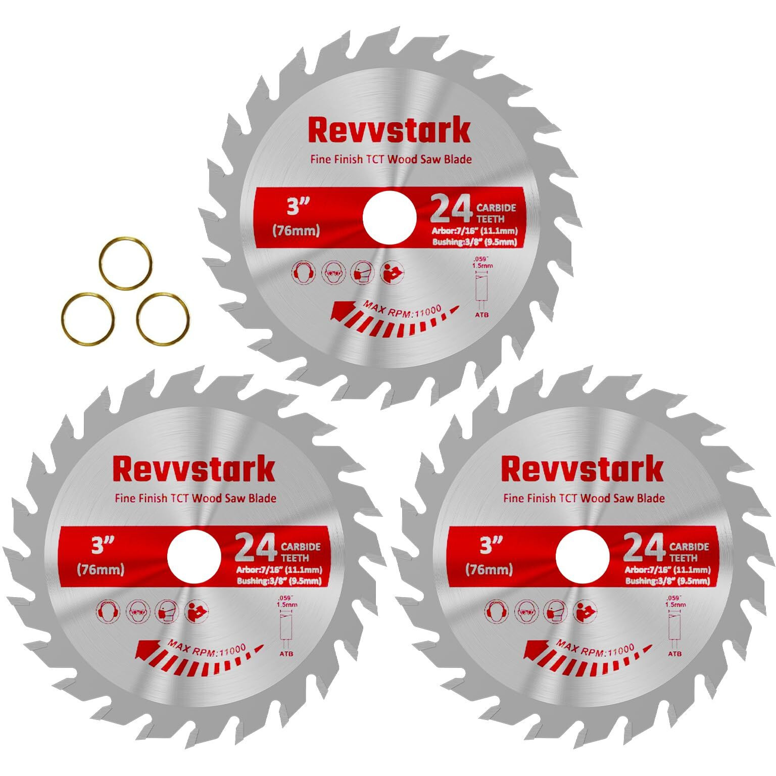3 Pack 3 Inch Carbide Circular Saw Blade 24 Tooth For Wood  Plastic  Pcv  Acrylic  Aluminum With 7/16"" Arbor  3/8"" Bushing  Fit Dewalt Craftsman Ryobi Milwaukee
