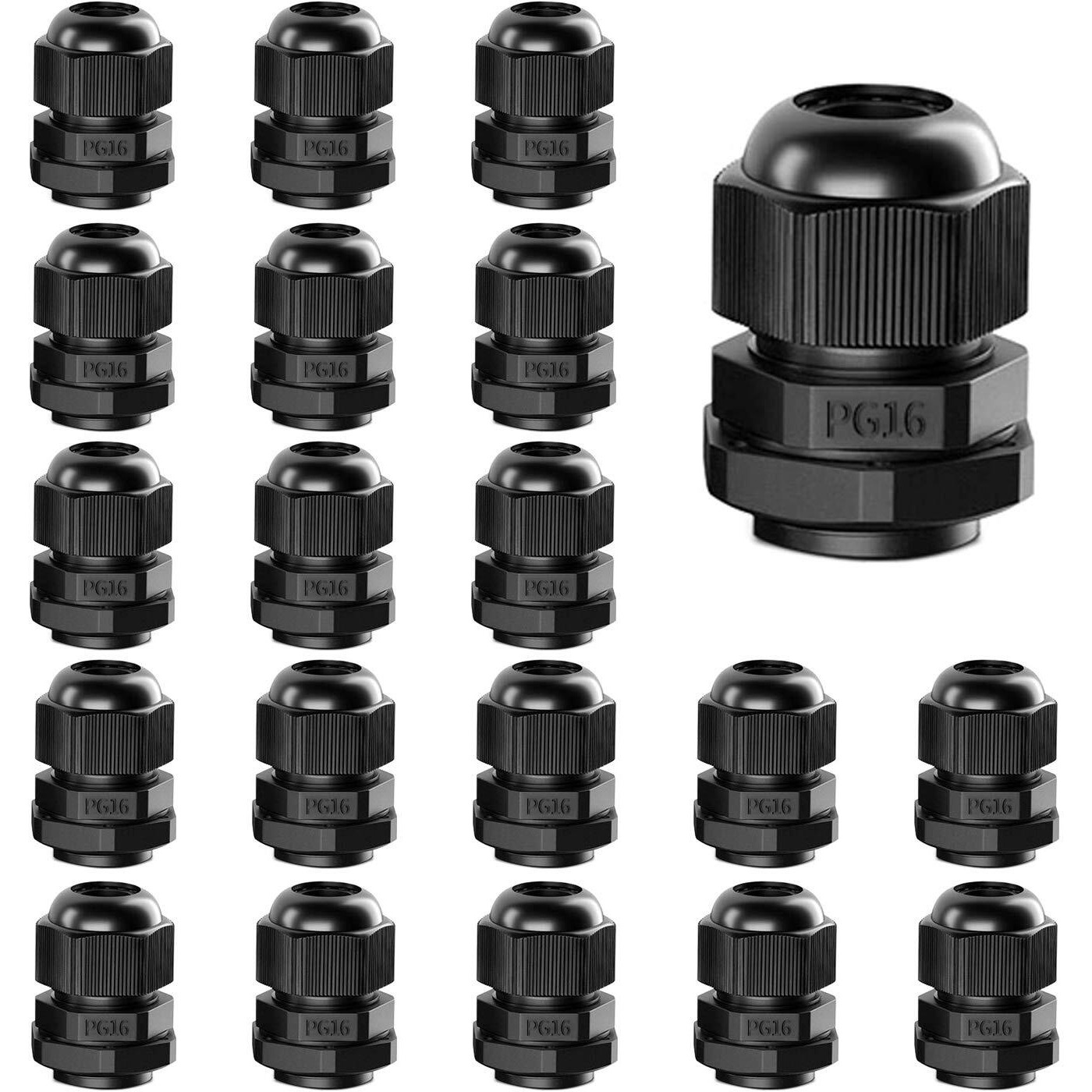 Ampele Cable Gland 20 Pack Pg16 Waterproof Adjustable 10-14Mm Nylon Cable Glands Connectors With Gaskets  Black(Pg16)