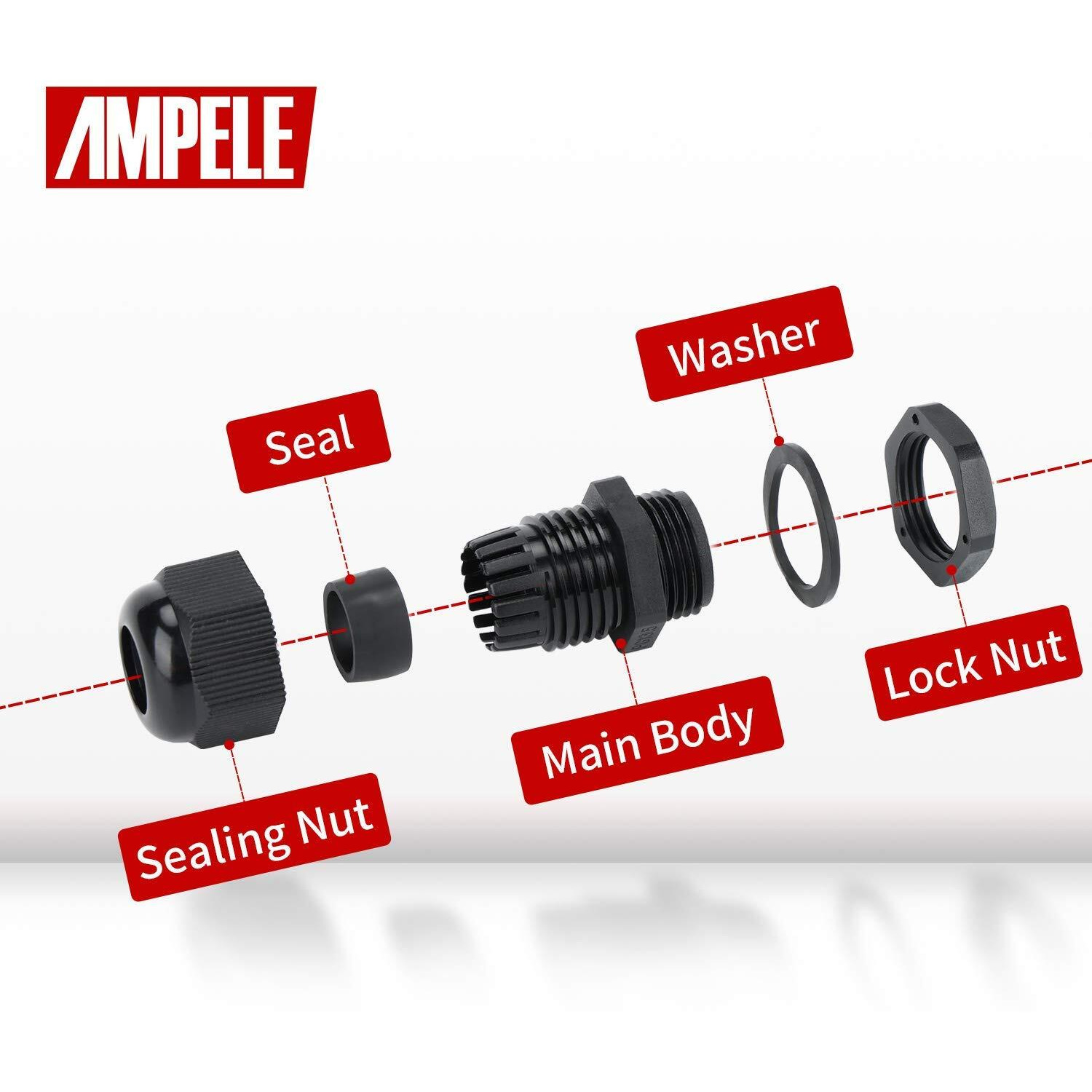 Ampele Cable Gland 20 Pack Pg16 Waterproof Adjustable 10-14Mm Nylon Cable Glands Connectors With Gaskets  Black(Pg16)