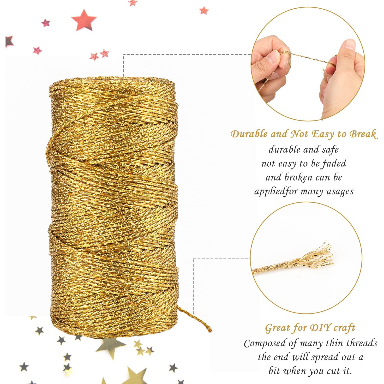 Jijacraft 328 Feet Gold String Twine - 1.5Mm Metallic Ornament Thread Gift Wrapping - Inelastic Macrame Glitter Gold Cord For Crafting  Wedding Gift Package  Diy Presents Wrapping Decoration