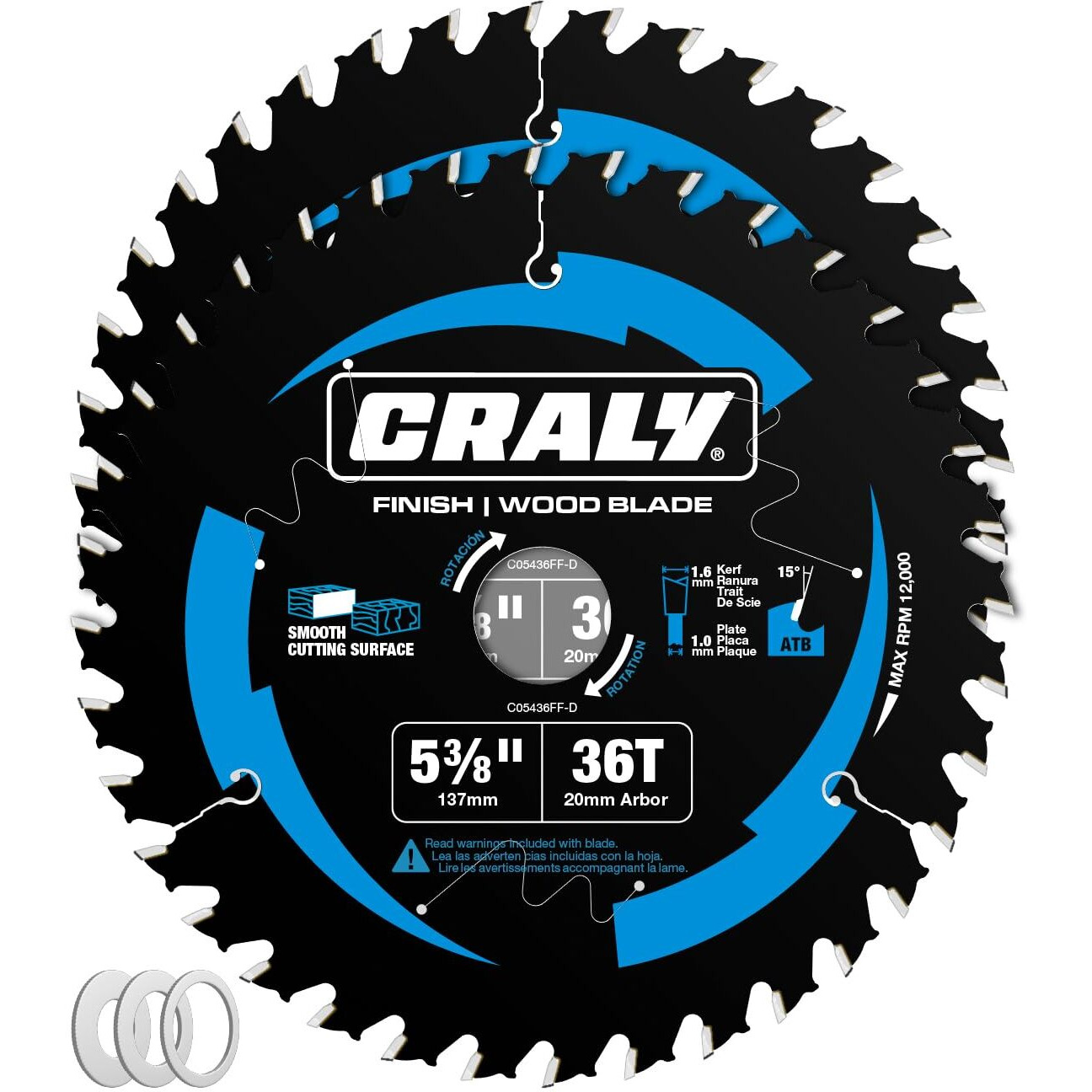 Craly 5-3/8 Inch 36 Teeth Fine Finish Wood Cutting Circular Saw Blade  20Mm Arbor  Carbide Tipped  Thin Kerf  Black Ice Coating  For Plywood  Mdf  Osb  Laminated  2-Pack(C05436Ff-2D)