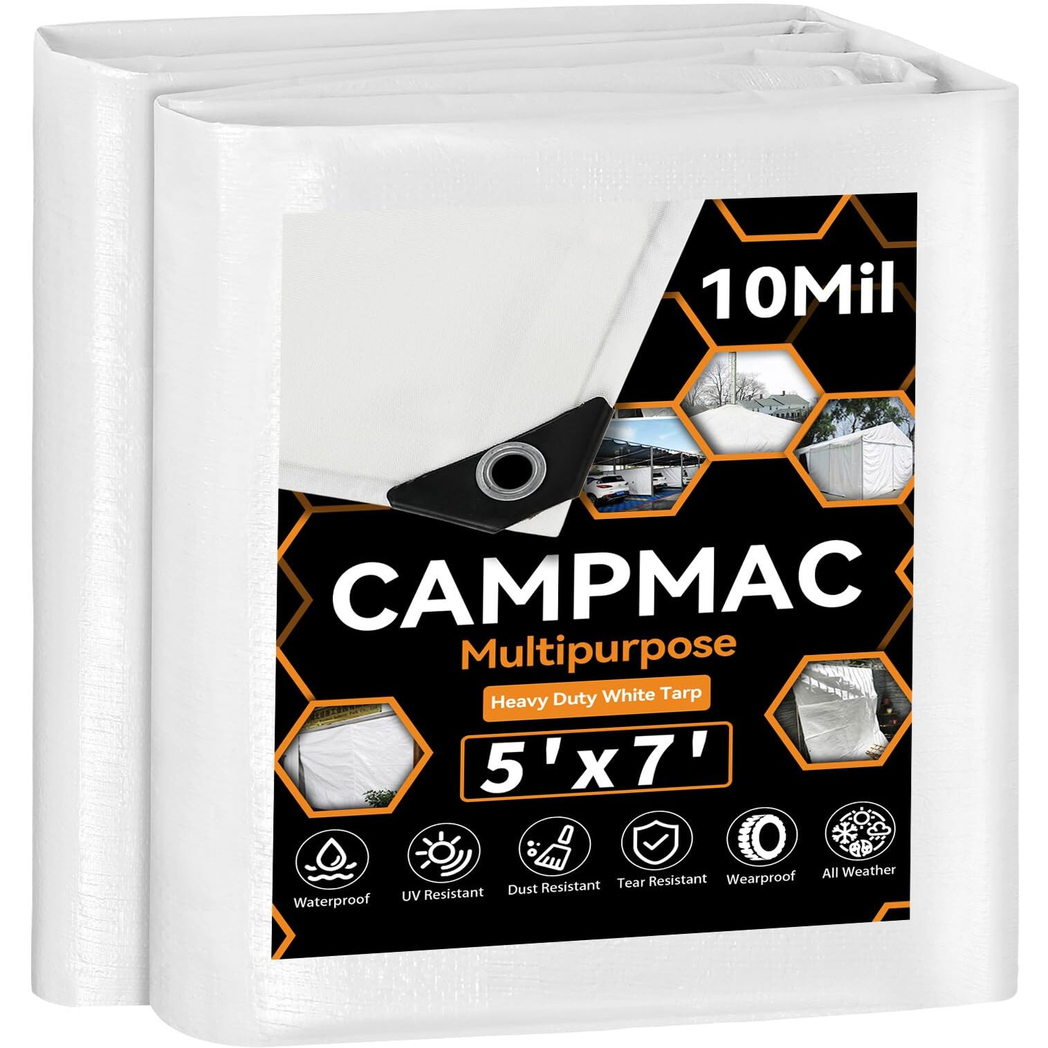 Campmac White Heavy Dut Waterproof Tarp 5' X 7'  10 Mil Thick  High Durability  Rip And Tear Resistant With Metal Grommets Every 20 Inches