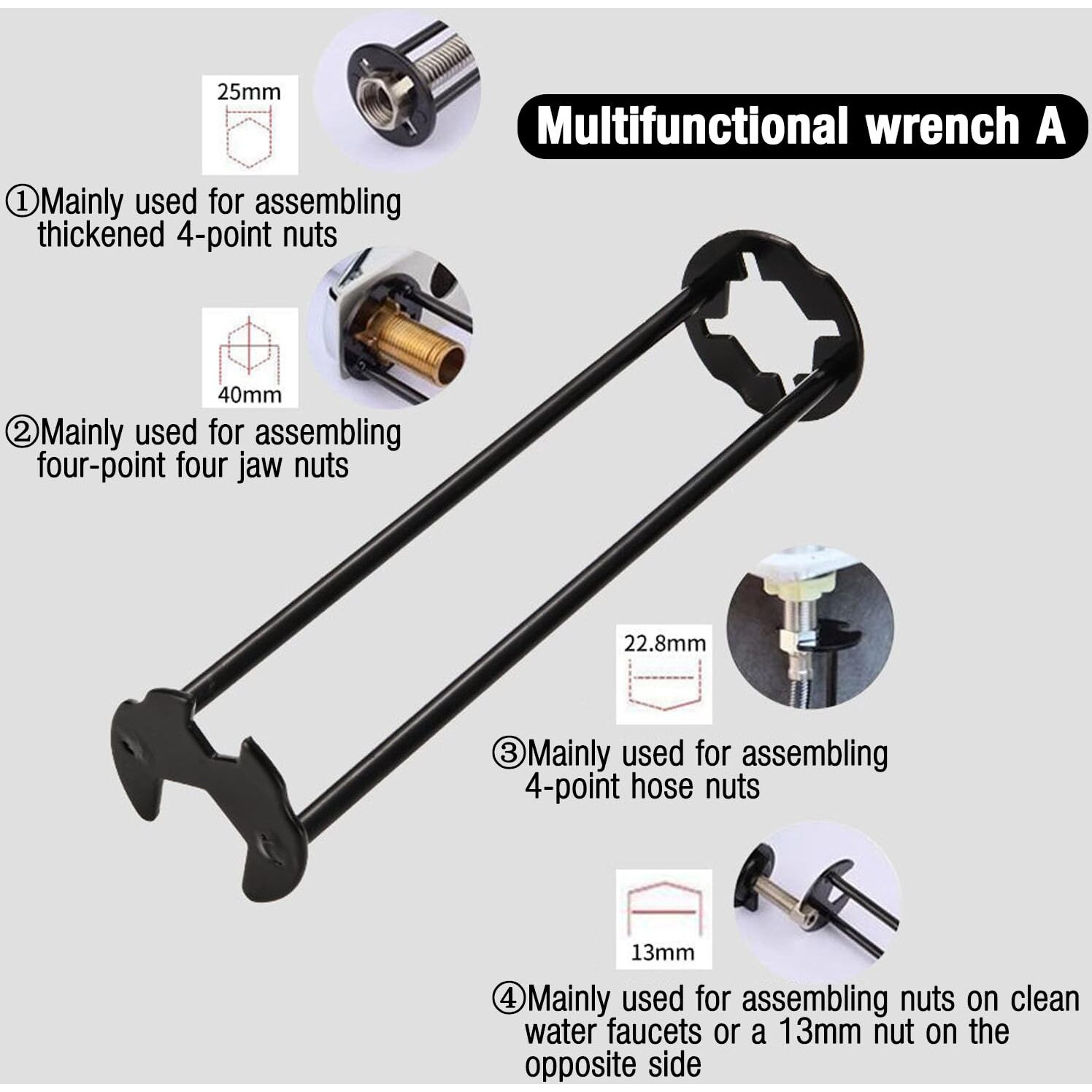 Kitchenassist 2Pcs Basin Wrench Multifunctional Sink Wrench 7 Sizes Faucet Tool Four-Jaw Hex Spanner Universal Plumbers Tool For Tight Spaces Kitchen Bathroom Home