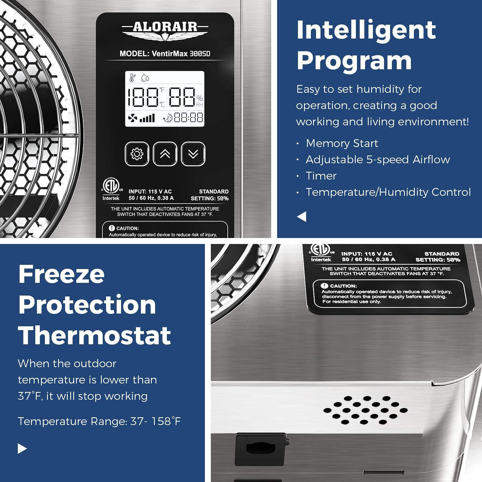 Alorair 300 Cfm Crawlspace Ventilator Fan With Humidistat  Stainless Steel Exhaust Vent Fans With Digital Display  Timing Cycle  Freeze Protection Thermostat  For Basement  Garage  Attic  Grow Tent