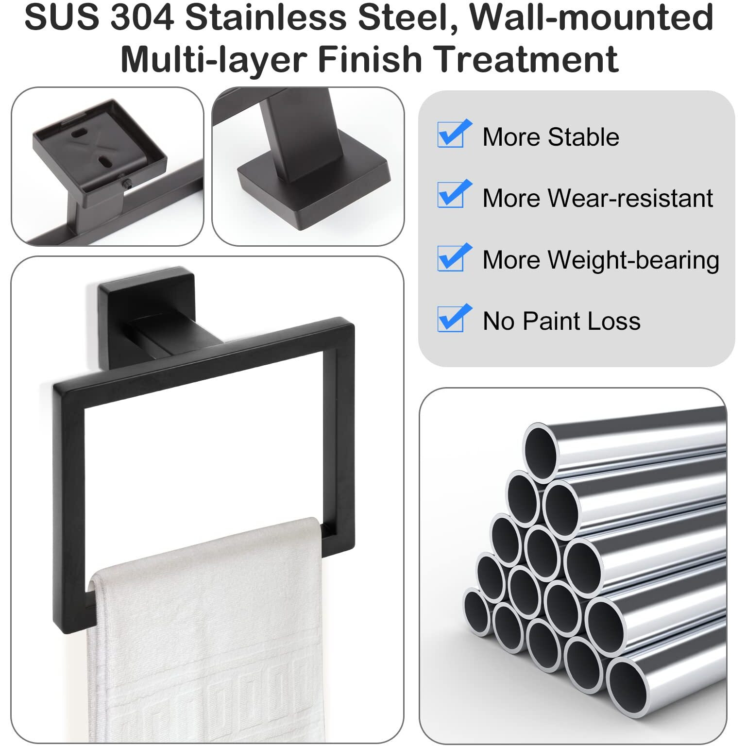 Matte Black Towel Ring Square Hand Towel Holder Towel Hanger  Bathroom Hardware Accessories Sus 304 Stainless Steel Wall-Mounted