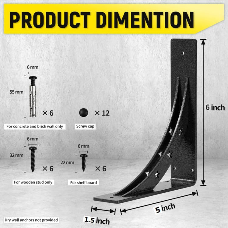 Picesa Heavy Duty Shelf Brackets Max Load 900 Lbs Premium Alloy Metal Mantel Brackets   (Set Of 2) Fireplace Mantel Brackets - Countertop Support Brackets (Black-Metallic Silver  6 Inch X 5 Inch)