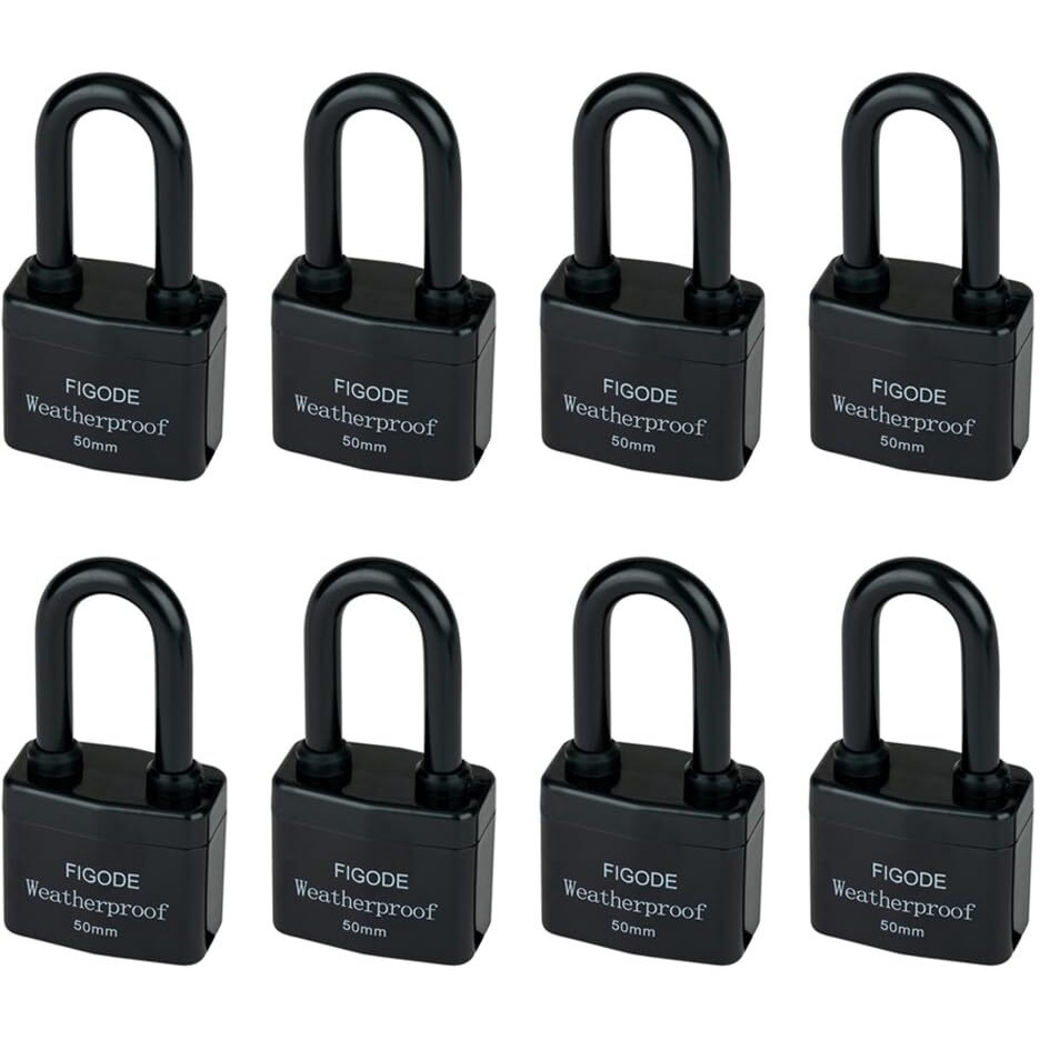 Figode Outdoor Waterproof Padlocks  Covered Heavy Duty Laminated Steel Locks  Lock Set With Keys  2.2 In. Wide  8-Pack Keyed Alike Long Padlocks