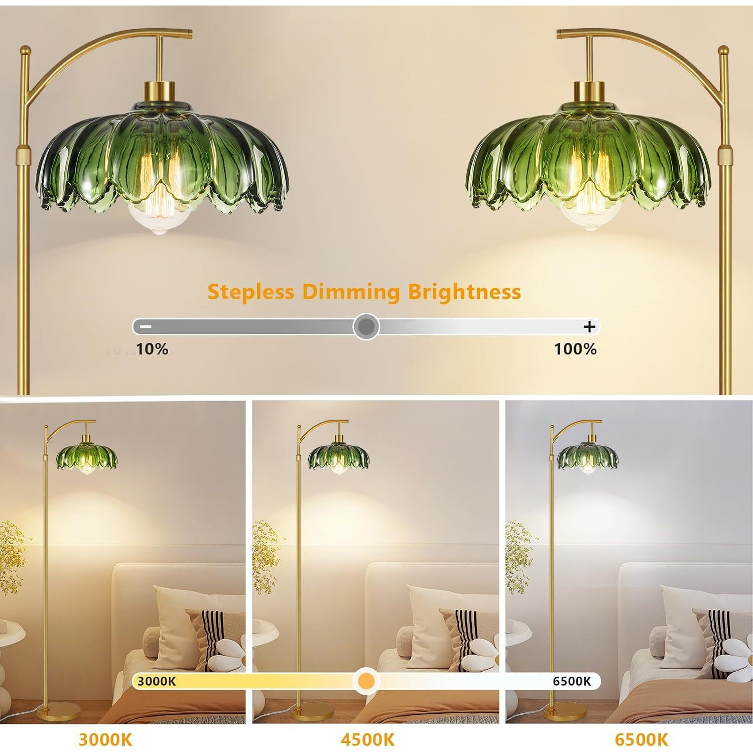 Illmtw Gold Floor Lamp For Living Room Bedroom Mid Century Modern Standing Lamp With Remote Dimmable Brass Tall Lamp Vintage Retro Green Glass Arc Floor Flower Floor Light Boho Bohemian