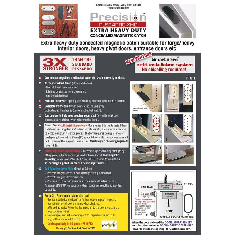 Precision Lock Pls 24 Pro Extra Heavy Duty Concealed Magnetic Catch For Doors With Thickness Greater Than 30 Mm (1.18"")  Color Silver  Model Pls24Proxhd