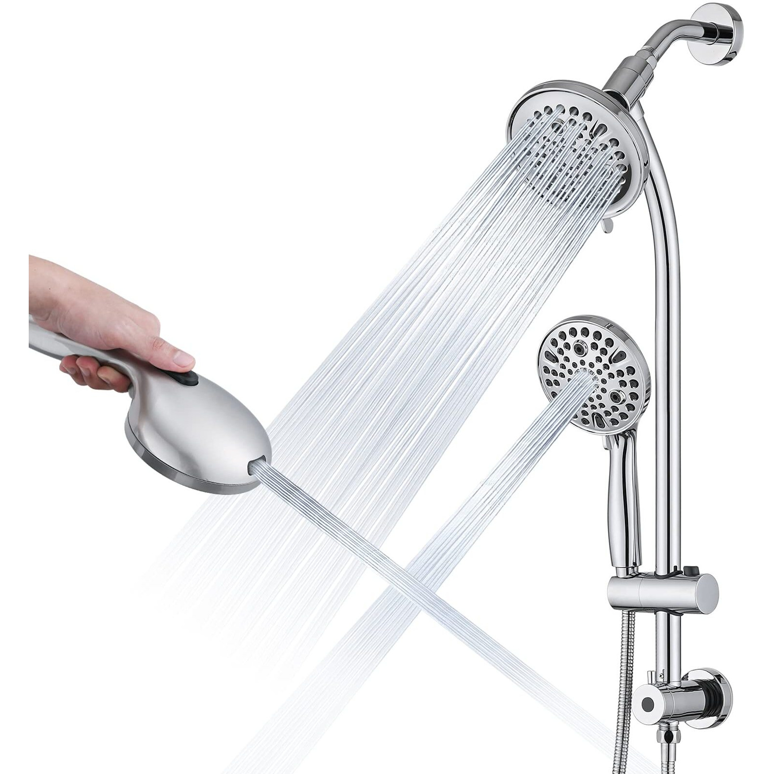 Uclimaa Rainfall Shower Head With Handheld Shower Spray  With 26"" Drill Free Adjustable Height Slider Bar  High Pressure Dual Shower Head Combo  3-Way Diverter For Easy Reach  5Ft Hose - Chrome Finish