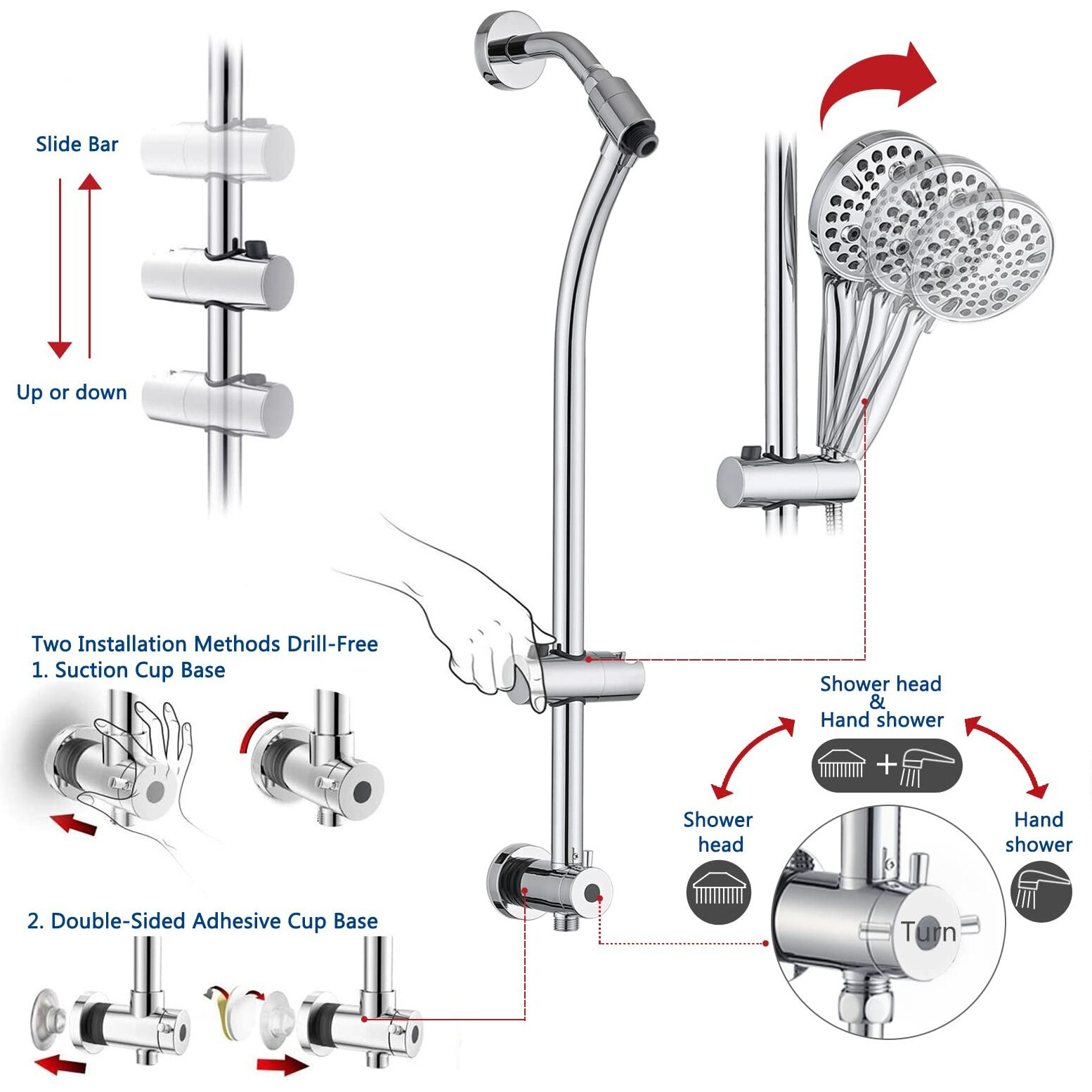 Uclimaa Rainfall Shower Head With Handheld Shower Spray  With 26"" Drill Free Adjustable Height Slider Bar  High Pressure Dual Shower Head Combo  3-Way Diverter For Easy Reach  5Ft Hose - Chrome Finish