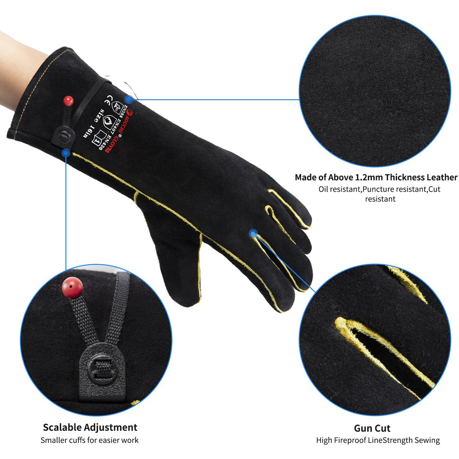 932 Leather Welding Gloves For Women Man  Heat Resistant Fire Long Sleeve Gloves For Tig Mig Stick Bbq Fireplace Animal Handling(Large 16Inch)