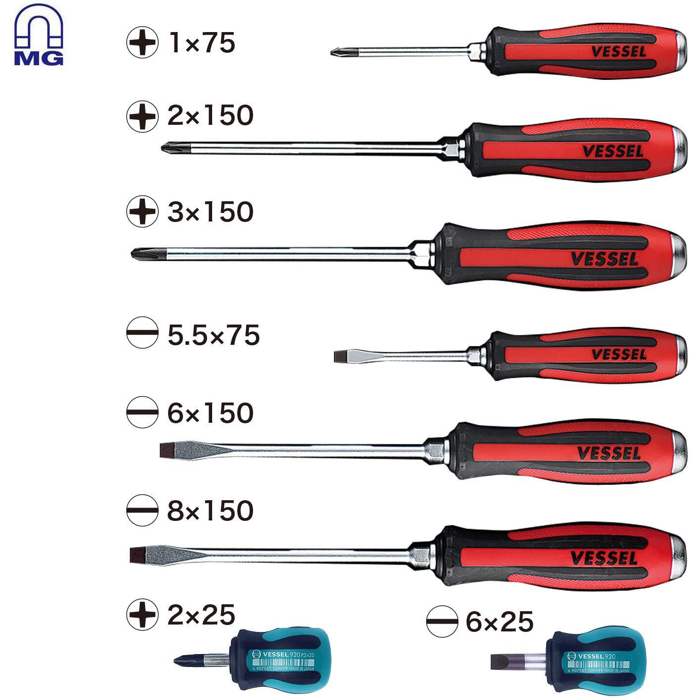 Vessel Megadora Tang-Thru Screwdriver Set 8Pcs. 9308Eva (Eva Foam Set/Tang Thru)