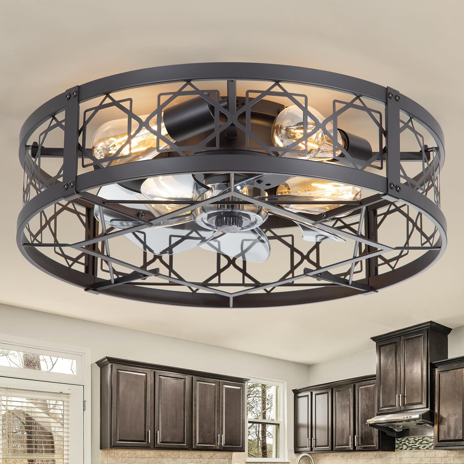 Zyd Caged Ceiling Fan With Light  20"" Ceiling Fan With Lights And Remote Flush Mount  Bladeless Caged Ceiling Fans With Lights  Matte Black Rustic Fan For Bedroom  Kitchen  Dining Room