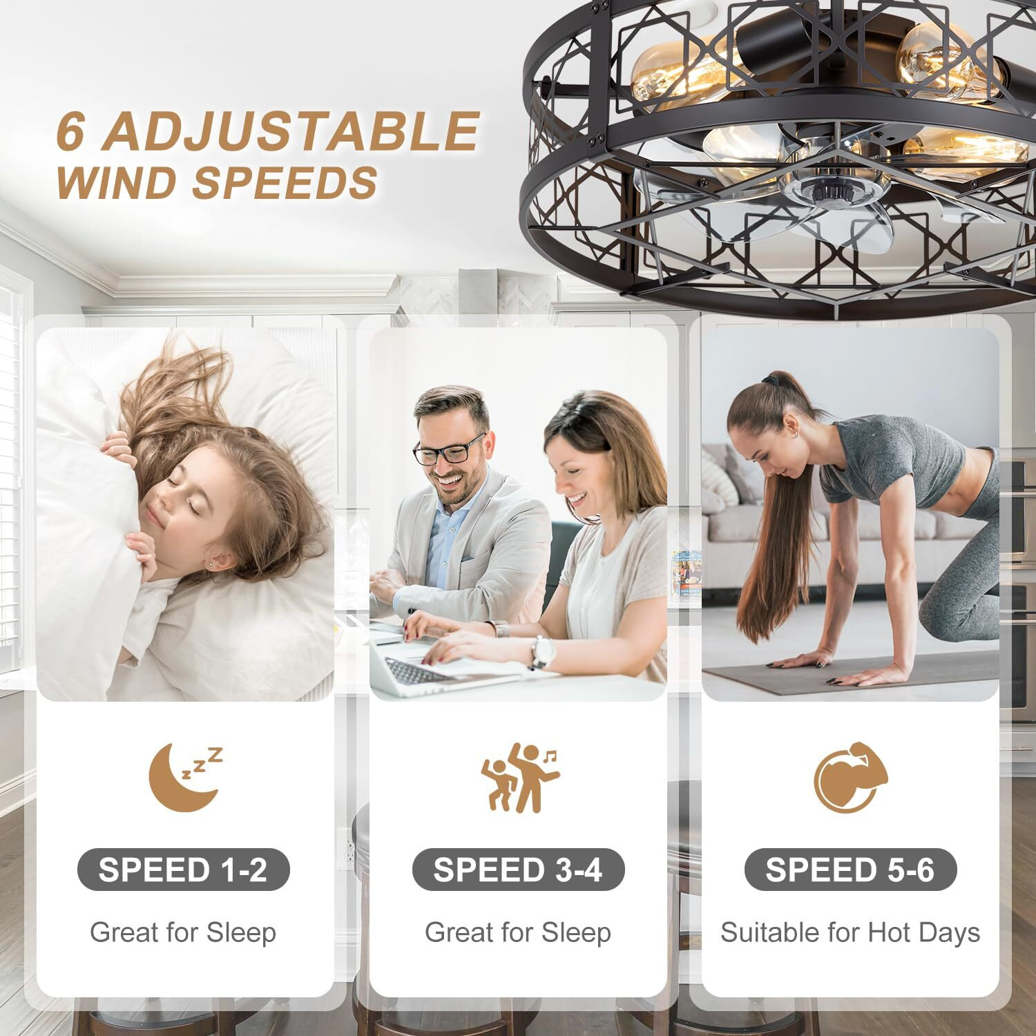 Zyd Caged Ceiling Fan With Light  20"" Ceiling Fan With Lights And Remote Flush Mount  Bladeless Caged Ceiling Fans With Lights  Matte Black Rustic Fan For Bedroom  Kitchen  Dining Room
