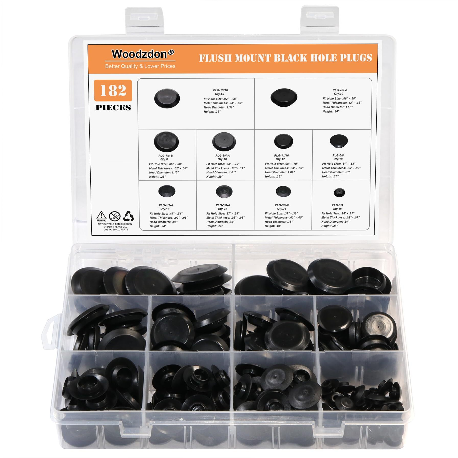 182Pcs Auto Body Black Plastic Hole Plug Button And Flush Mount Sheet Metal Plug Assortment Kit Fit Hole Sizes 1/4  3/8  1/2  5/8  11/16  3/4  7/8  15/16 Inch Hole Cap Assorted Set