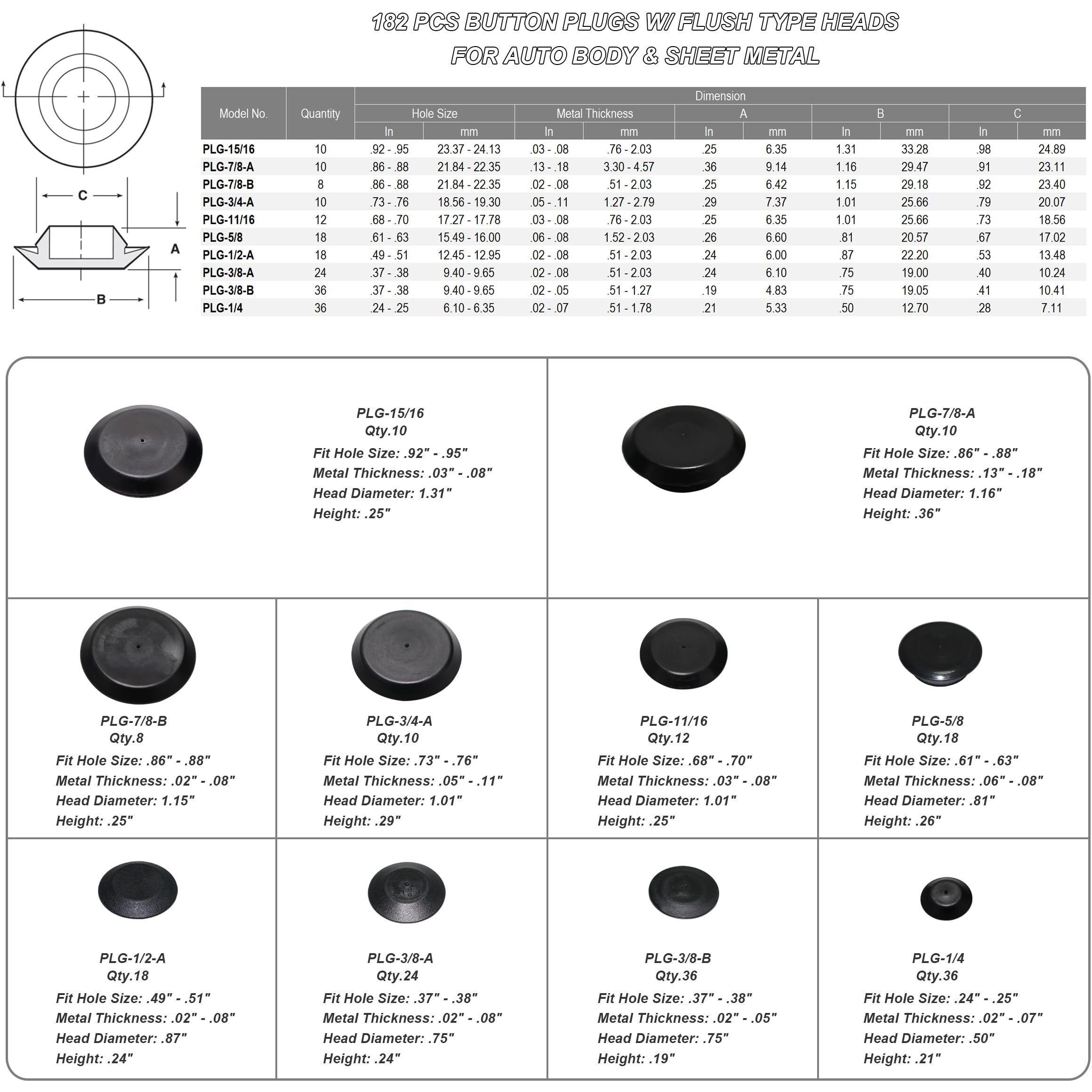 182Pcs Auto Body Black Plastic Hole Plug Button And Flush Mount Sheet Metal Plug Assortment Kit Fit Hole Sizes 1/4  3/8  1/2  5/8  11/16  3/4  7/8  15/16 Inch Hole Cap Assorted Set