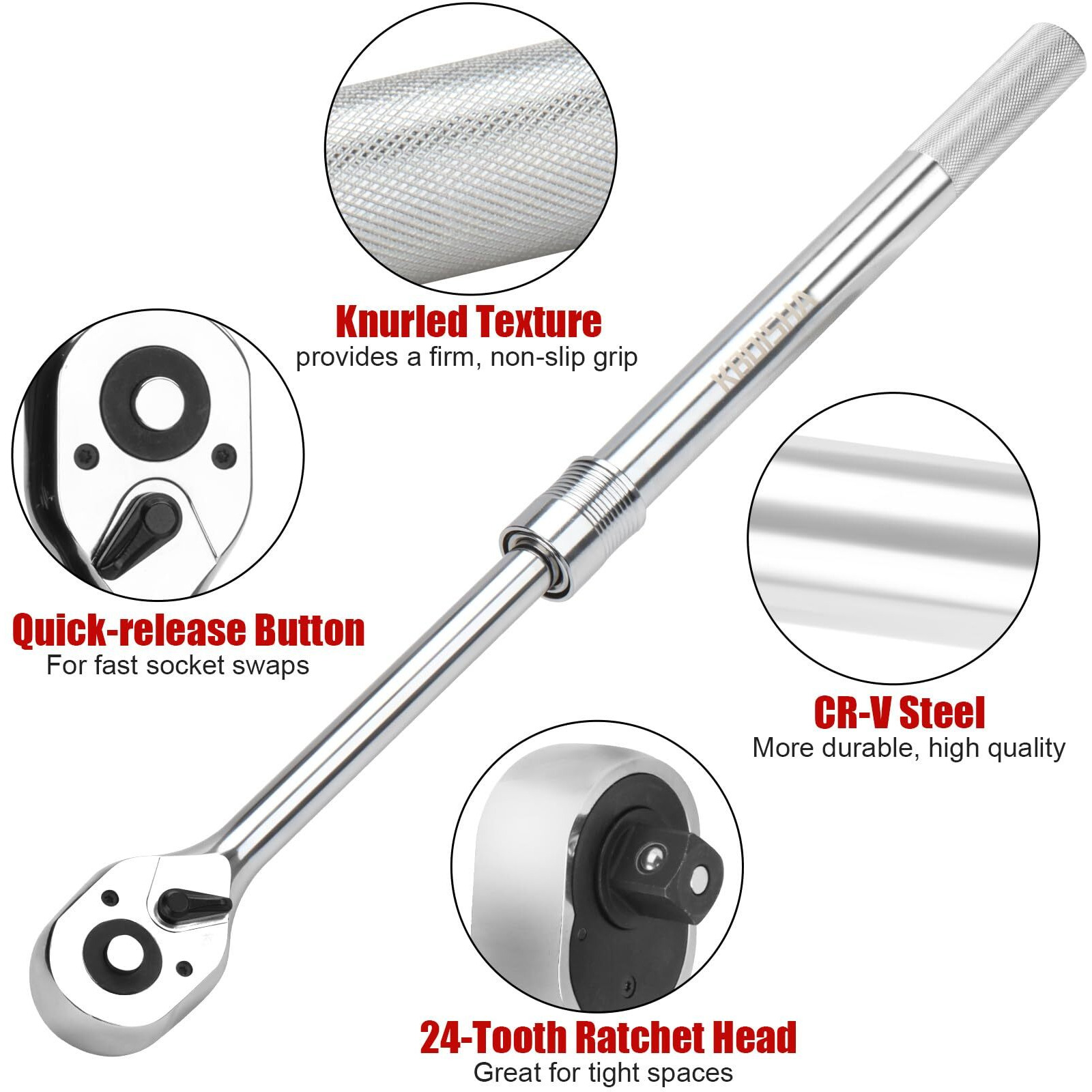 Kboisha 3/4-Inch Drive Extendable Ratchet Handle  Reversible Quick Release Telsecoping Ratcheting Torque Wrench Extends 19.5-31 Inch