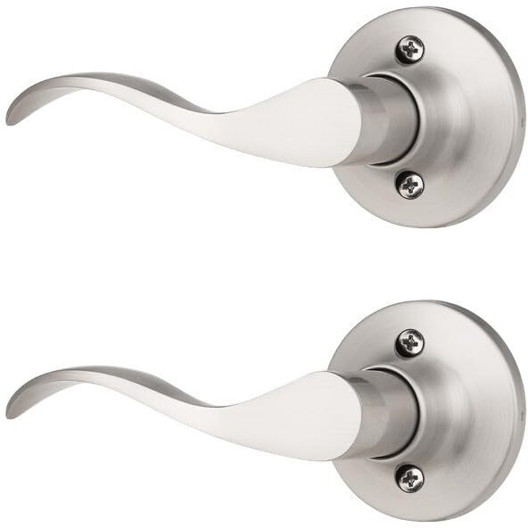 Mengico 2 Pack Satin Nickel Dummy Door Lever  Single Left Side Door Handle For Closets  Non-Turning Pull Only Lever Set  Wave Style Interior Door Knob