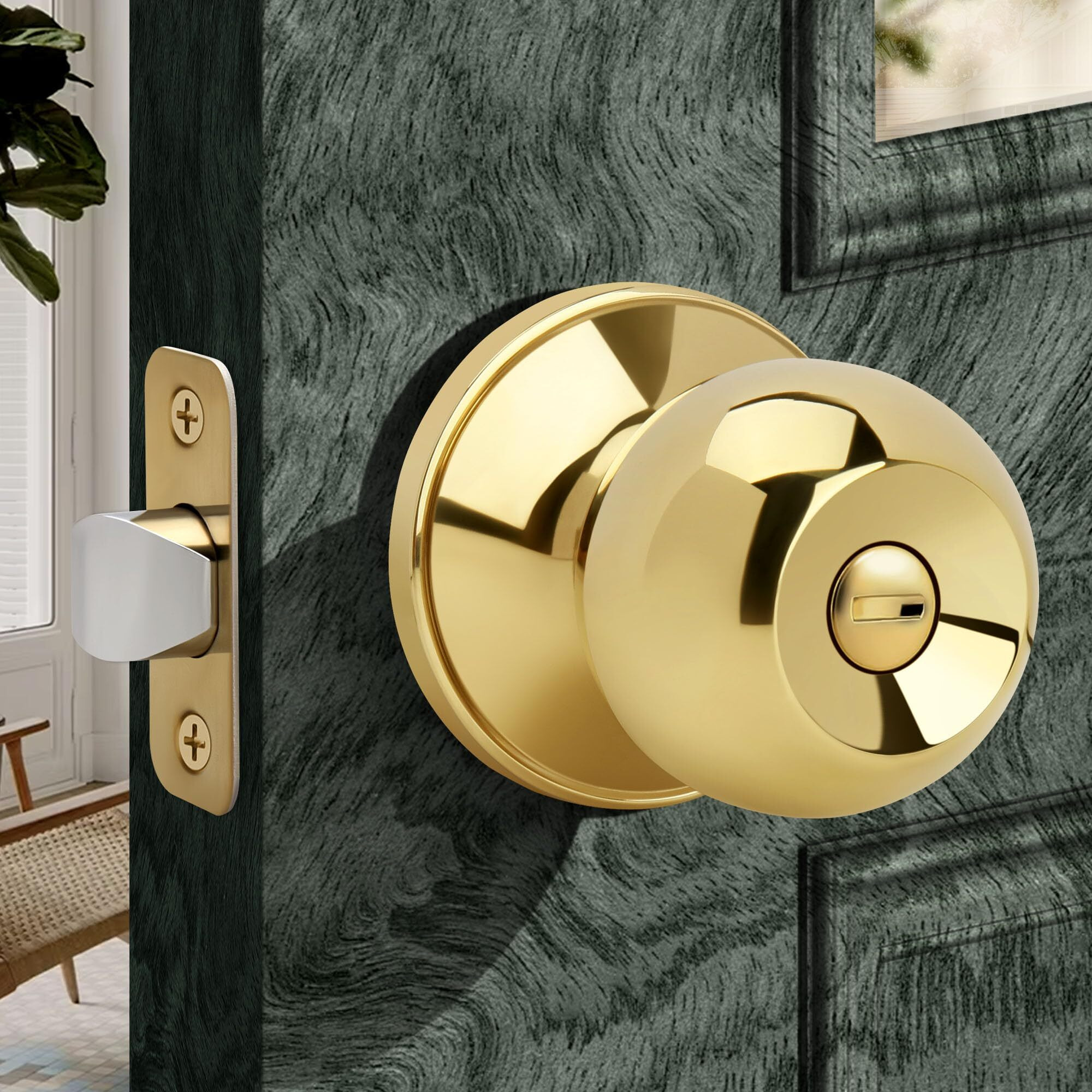 Moquin Round Ball Style Privacy Door Knob  No Key Interior Door Knob  Turn Thumb Locking Doorknob For Bedroom Bathroom  Polished Brass Finish