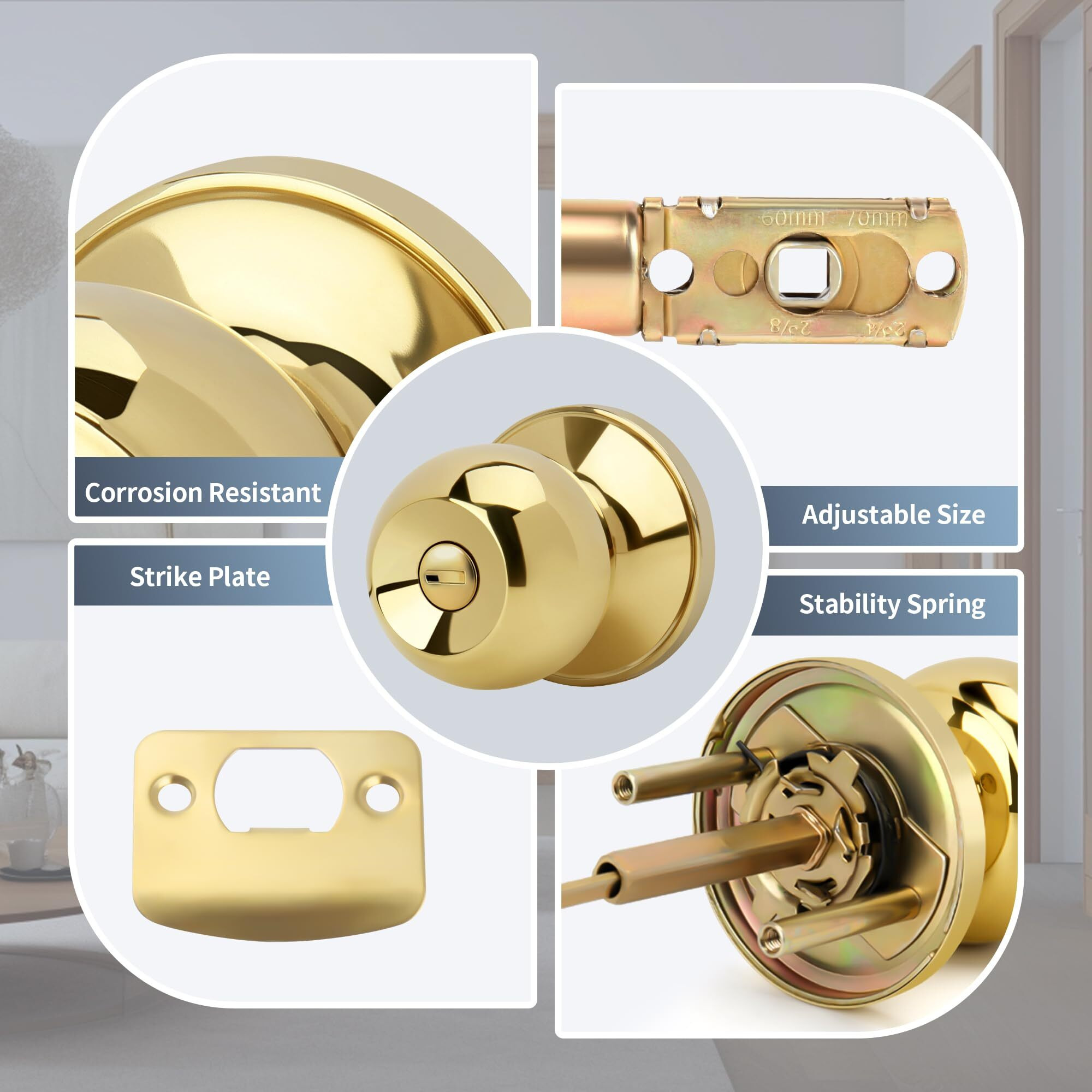 Moquin Round Ball Style Privacy Door Knob  No Key Interior Door Knob  Turn Thumb Locking Doorknob For Bedroom Bathroom  Polished Brass Finish