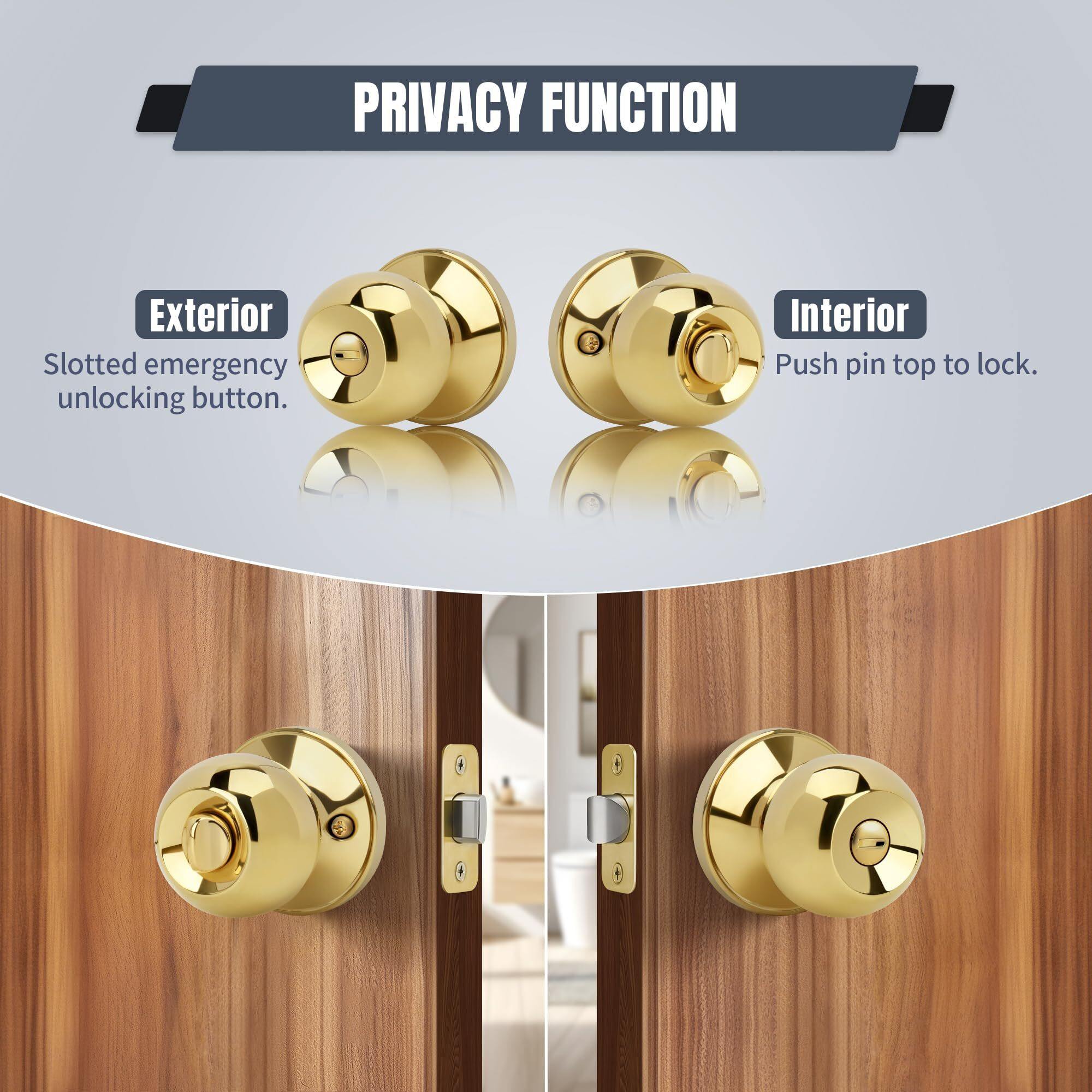 Moquin Round Ball Style Privacy Door Knob  No Key Interior Door Knob  Turn Thumb Locking Doorknob For Bedroom Bathroom  Polished Brass Finish