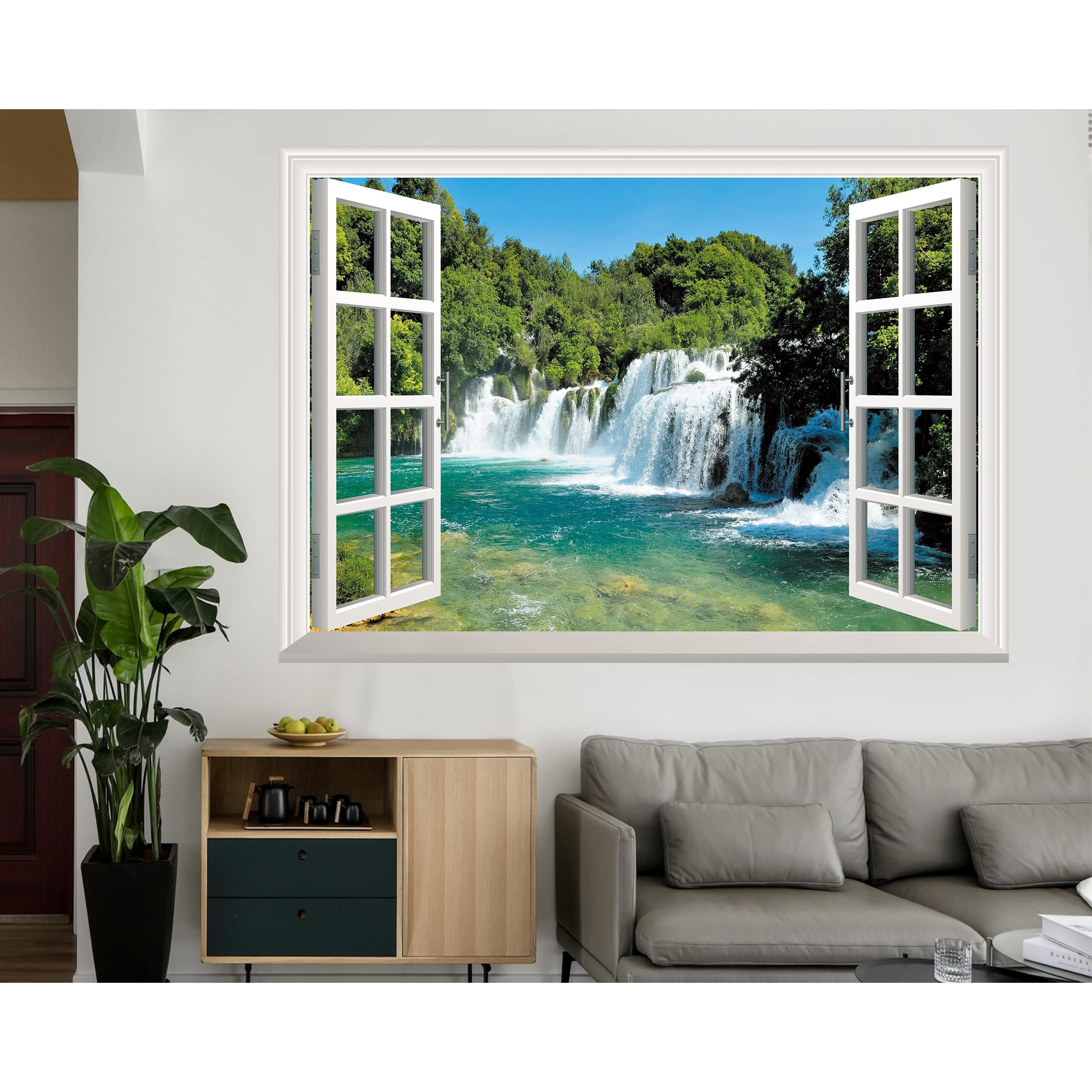Flfk Fake Window Wall Sticker - Waterfall Faux Window Wall Mural For Wall Decor  Stick And Peel Wall Decals 80"&quotX60"" Set Of 5 Sheets
