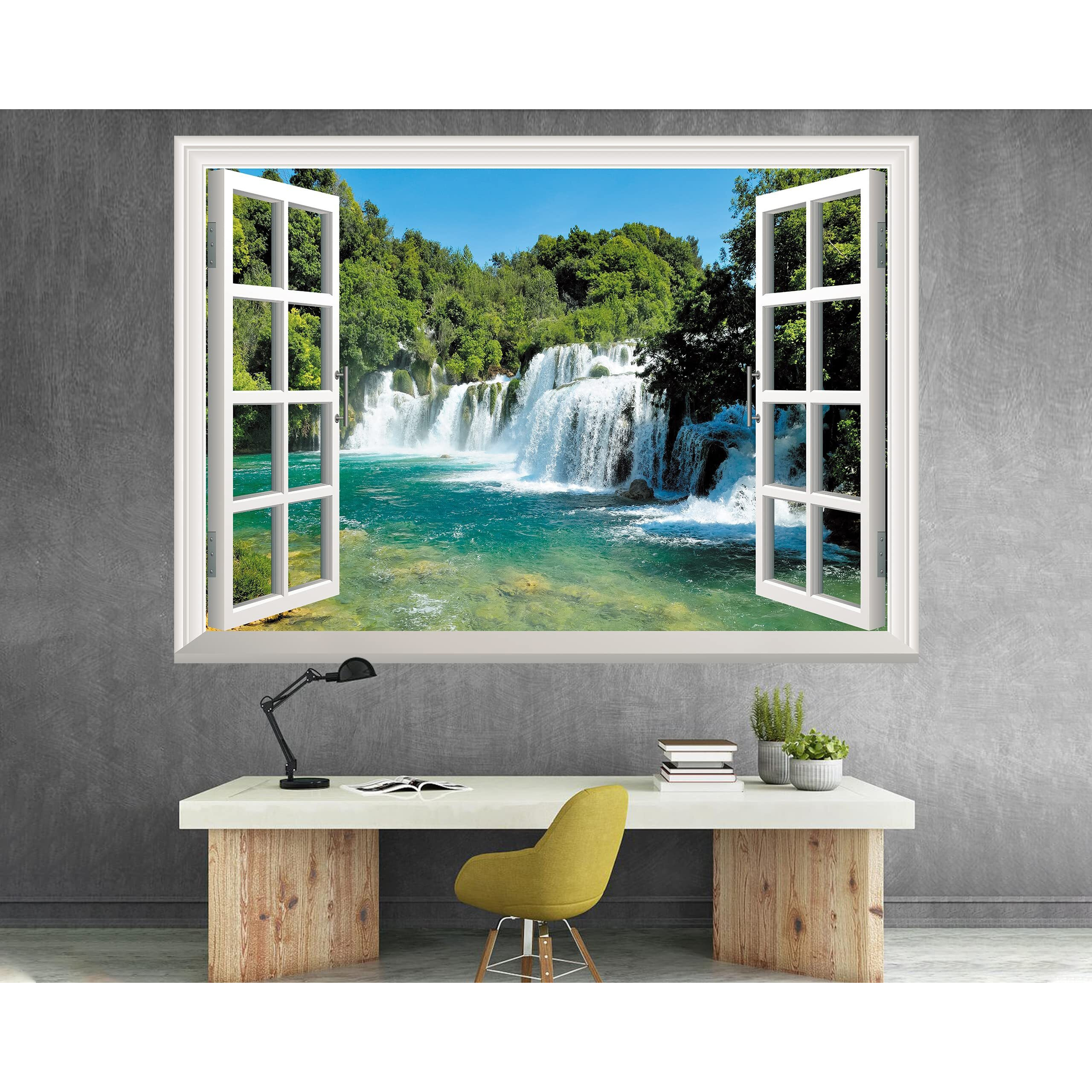 Flfk Fake Window Wall Sticker - Waterfall Faux Window Wall Mural For Wall Decor  Stick And Peel Wall Decals 80"&quotX60"" Set Of 5 Sheets